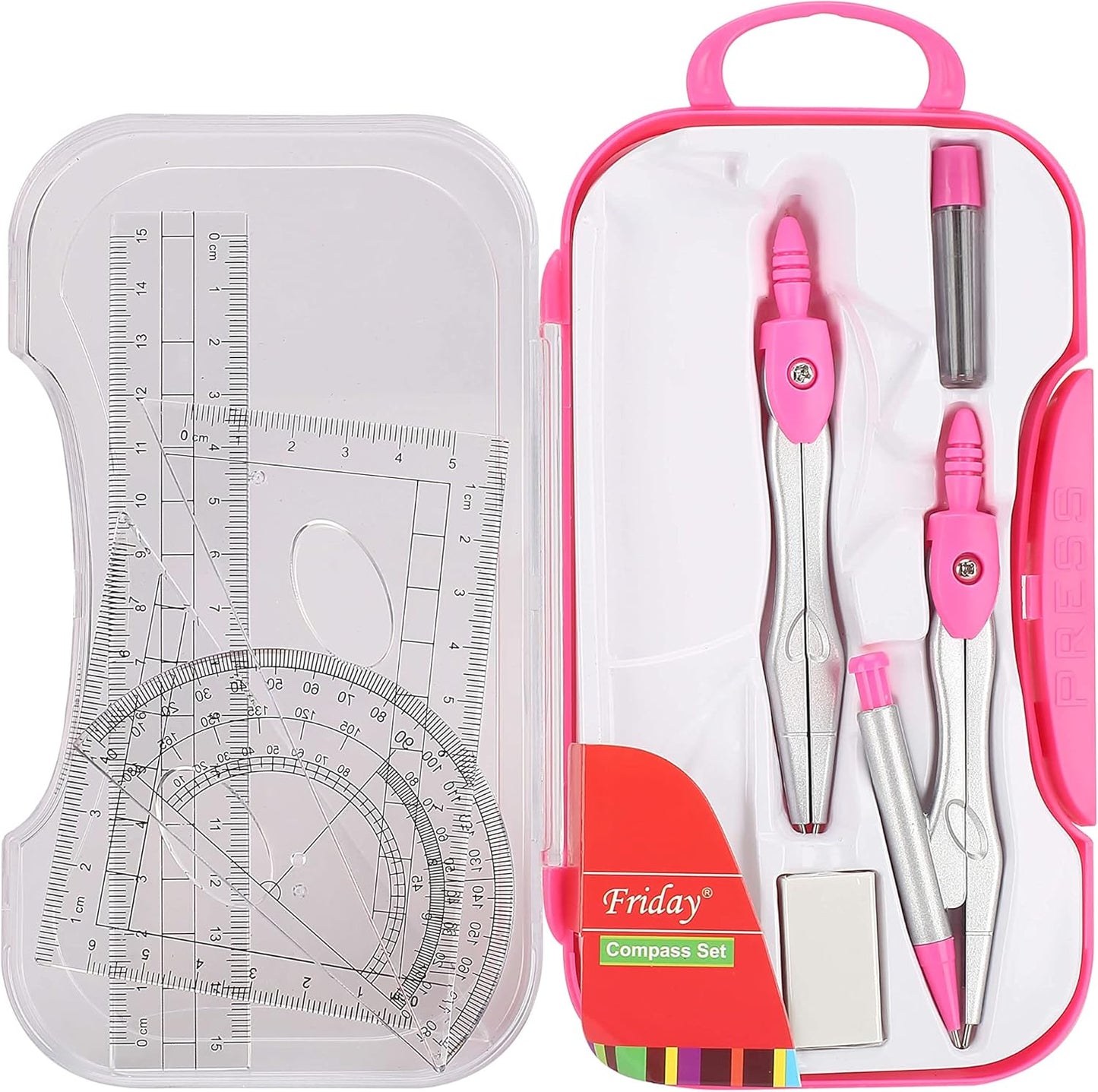 Lifreer Geometry Set,10 Pcs Protractor and Compass Set, Math and Ruler Set for Students, Class Supplies, and School - Essential Compass Geometry Tools for Precision and Quality (RED)