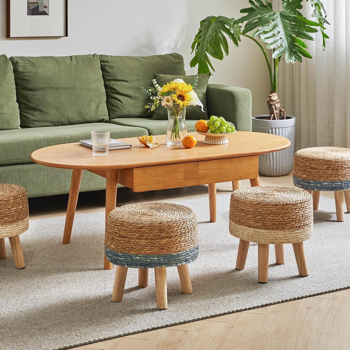 YMYNY Foot Stool,12.6" Round Small Ottoman, Natural+White, HBD027W | Natural Seagrass Hand Weave, Footrest, Non-Skid Wood Legs, Boho, For Living Room, Bedroom, Entryway,outdoor