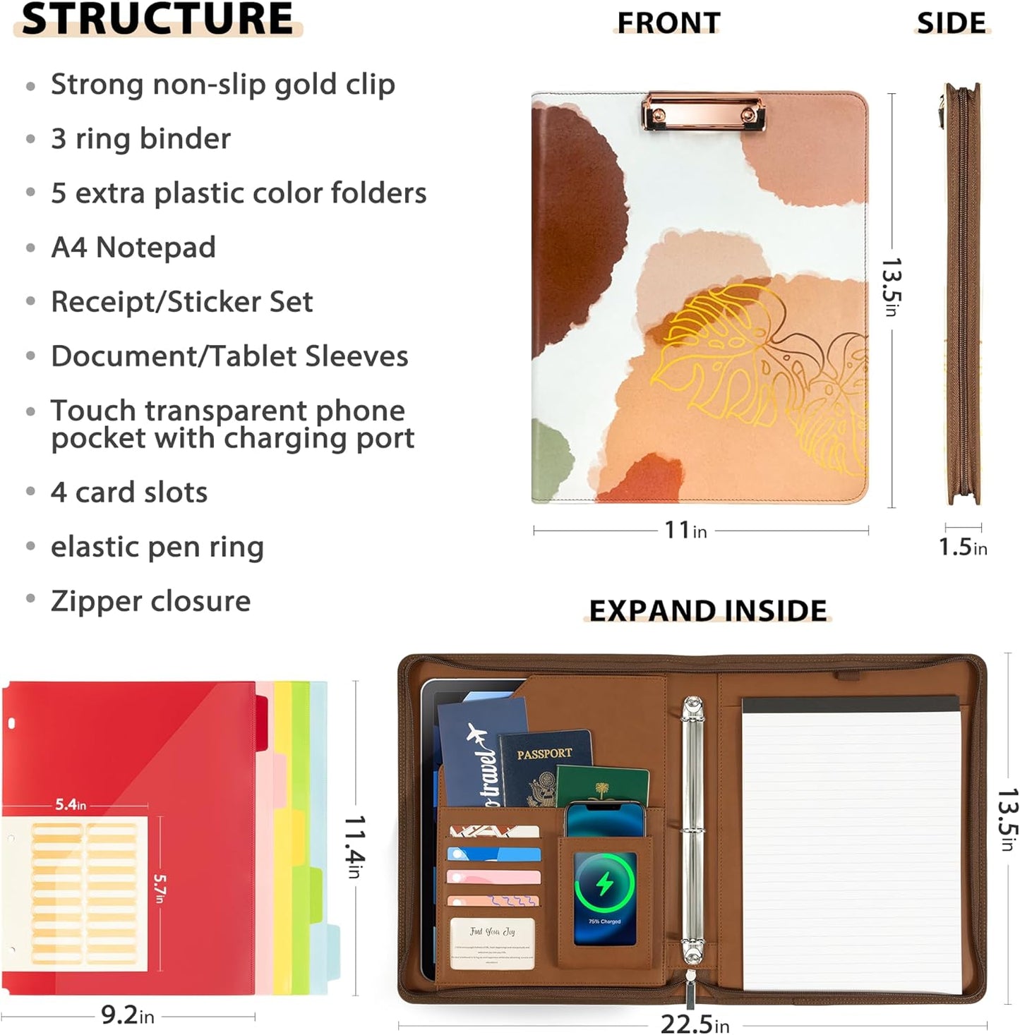 Leather Clipboard with Storage, Zippered Padfolio Portfolio Organizer, 3 Ring Binder 1 Inch, Notepad, Tablet Sleeve, 5 Dividers with Pocket, Stickets for Office, Nurses, Students, Teachers Brown