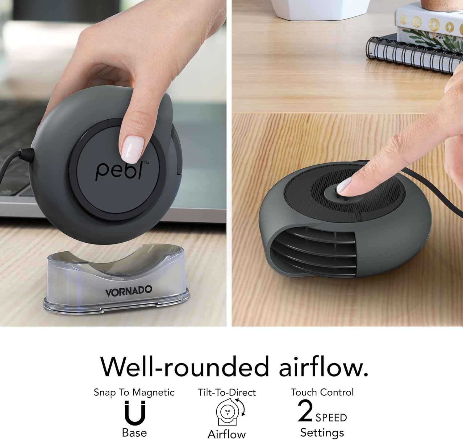 Vornado PEBL Portable USB Desk Fan with Magnetic Base, 2 Speed Settings, Adjustable Airflow, Personal Cooling Device, Mini Travel Fan for Home, Office and Travel