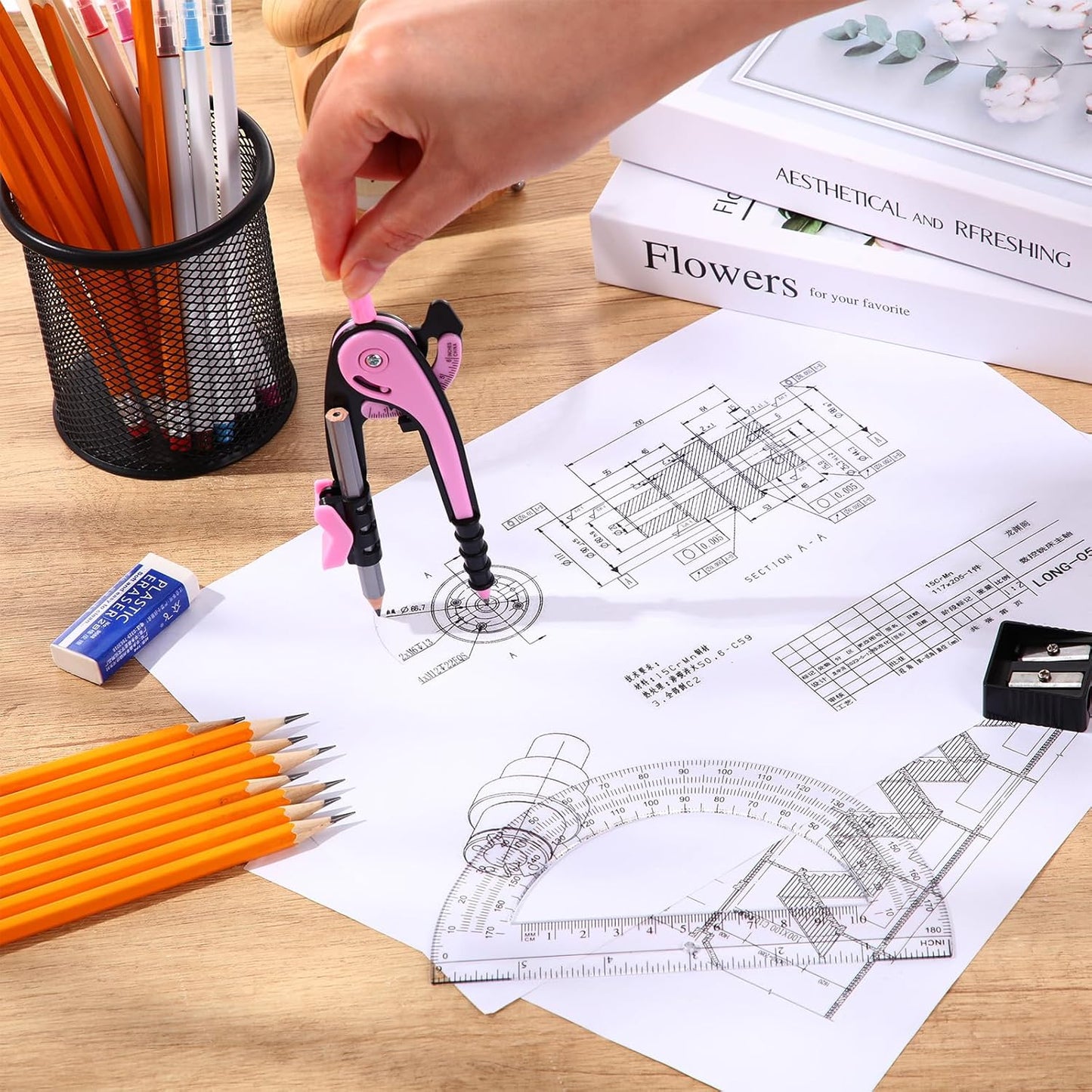 EBOOT Student Geometry Math Set, Drawing Compass and 6 Inch Clear Swing Arm Protractors 180 Degree Math Protractor(Pink)