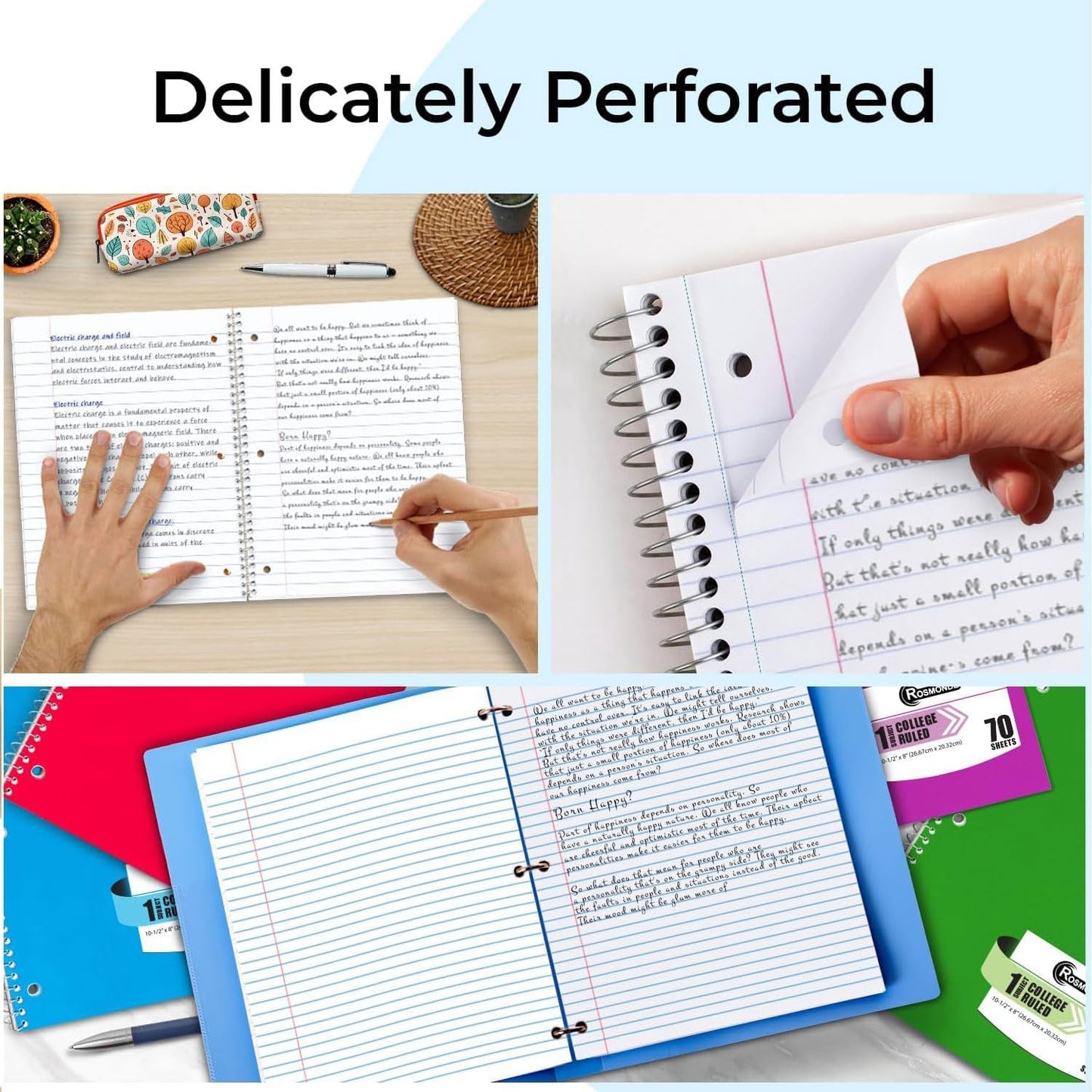 Spiral Notebook, 12 Pack, 1 Subject, College Ruled, 70 Sheets, 8 x 10-1/2", 3 Hole Punched, Bulk College Ruled Spiral Notebook for School, Single Subject Spiral Notebook Bulk, Assorted Colors