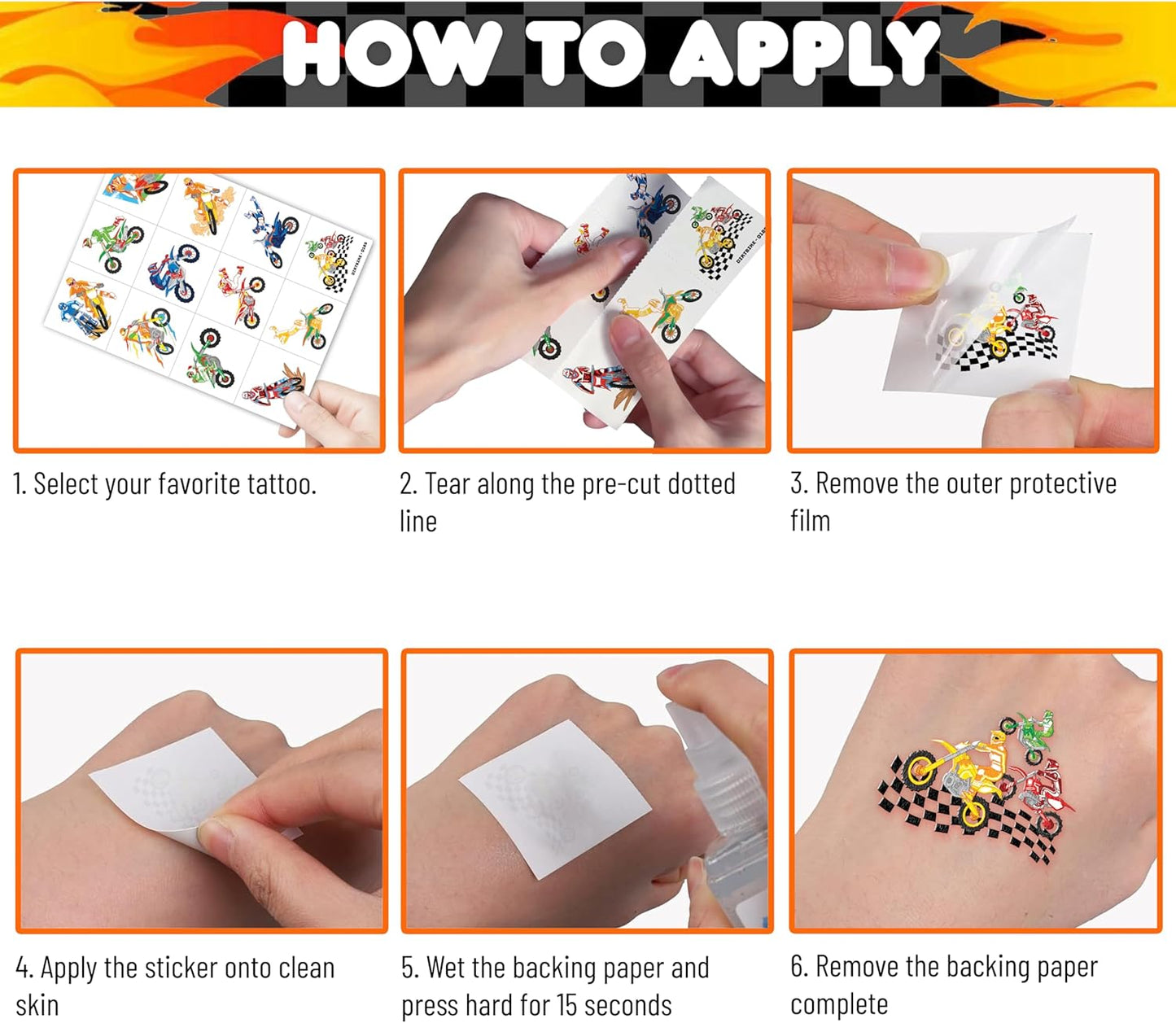 [96 PCS] Dirt Bike Motorcycle Pre-Cut Temporary Tattoos for Kids | Super Cute Motocross Themed Birthday Party Favors, Supplies, Decorations, Fake Tattoo Stickers, School Rewards Gifts For Boys & Girls