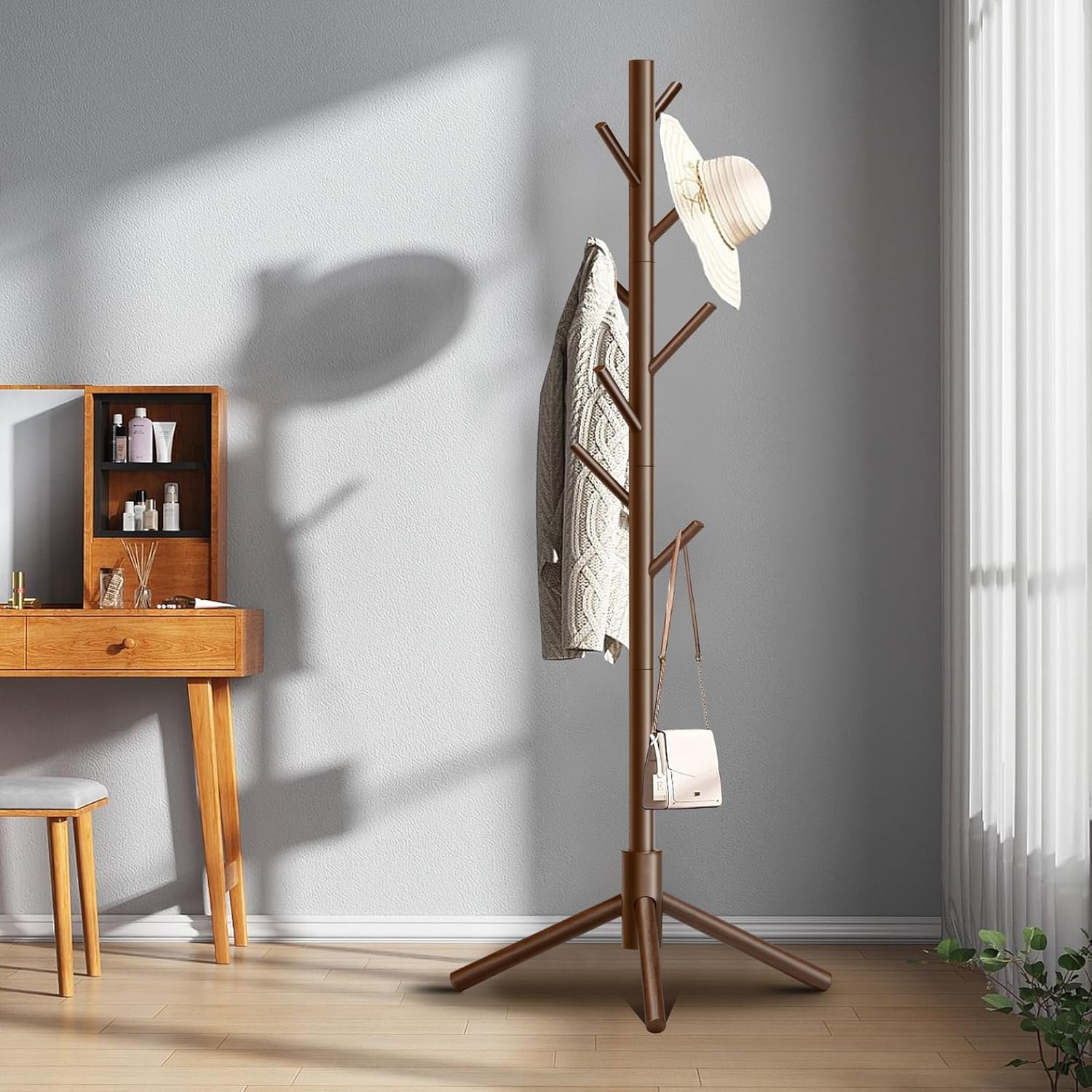 Wooden Coat Rack, Free Standing Coat Rack with 8 Hooks 3 Adjustable Heights for Clothes, Hats, Handbags, Coat Tree Easy Assembly for Entryway, Bedroom, Hallway, Office (New Brown) - Lumora Desk