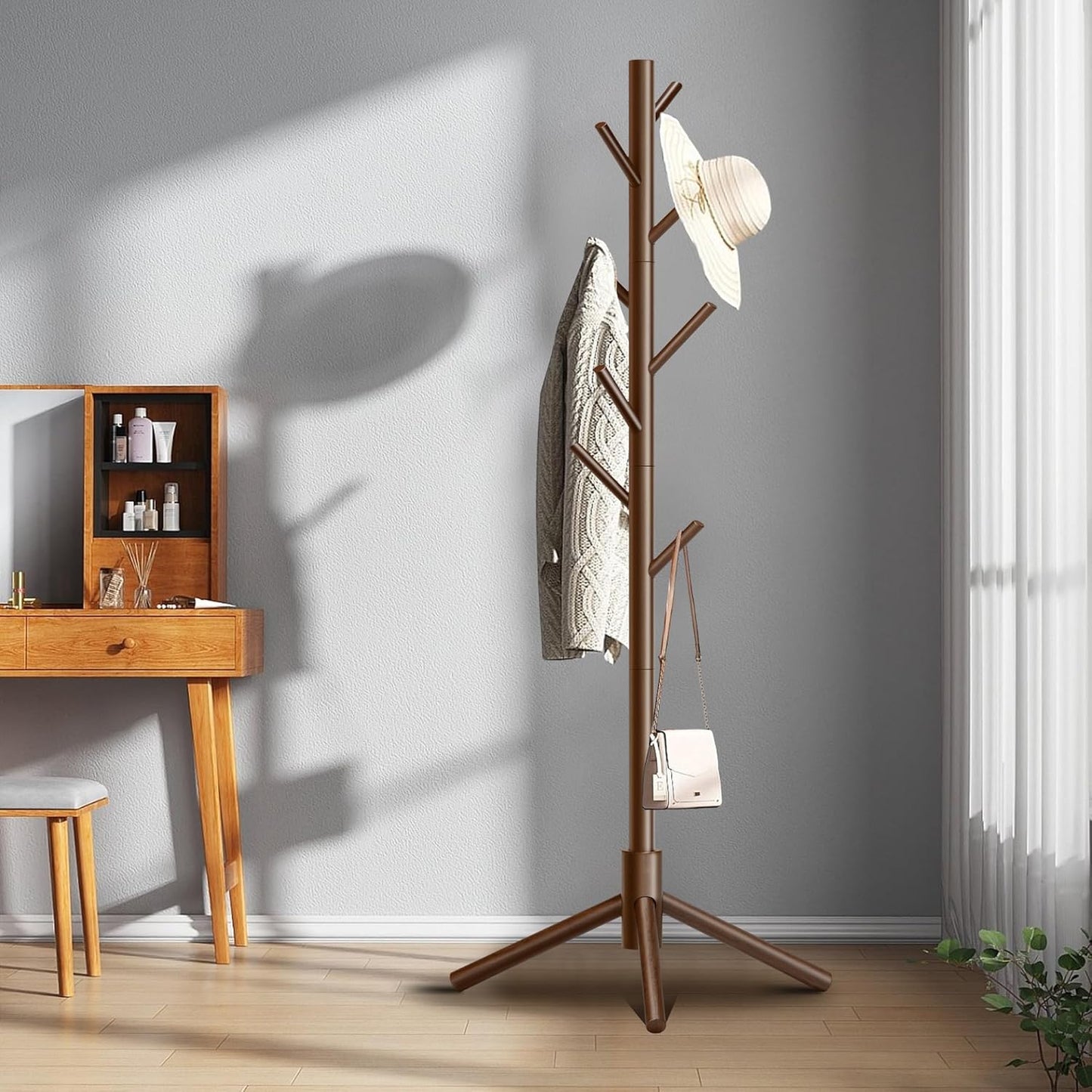 Wooden Coat Rack, Free Standing Coat Rack with 8 Hooks 3 Adjustable Heights for Clothes, Hats, Handbags, Coat Tree Easy Assembly for Entryway, Bedroom, Hallway, Office(2PCS) - Lumora Desk