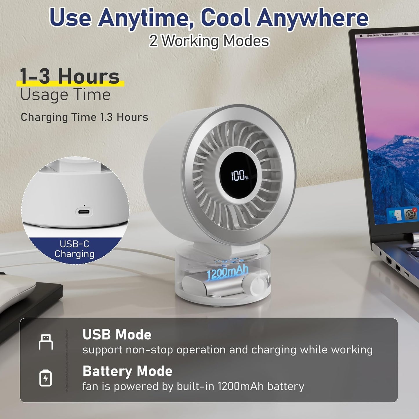 CIVPOWER Desk Fan Small Quiet: Table Fan Rechargeable with 1200mAh Battery & USB Powered, Portable for Office Desktop, Digital Display, 30° Tilt Adjustable, 100 Speeds, Gift for Women Men, White
