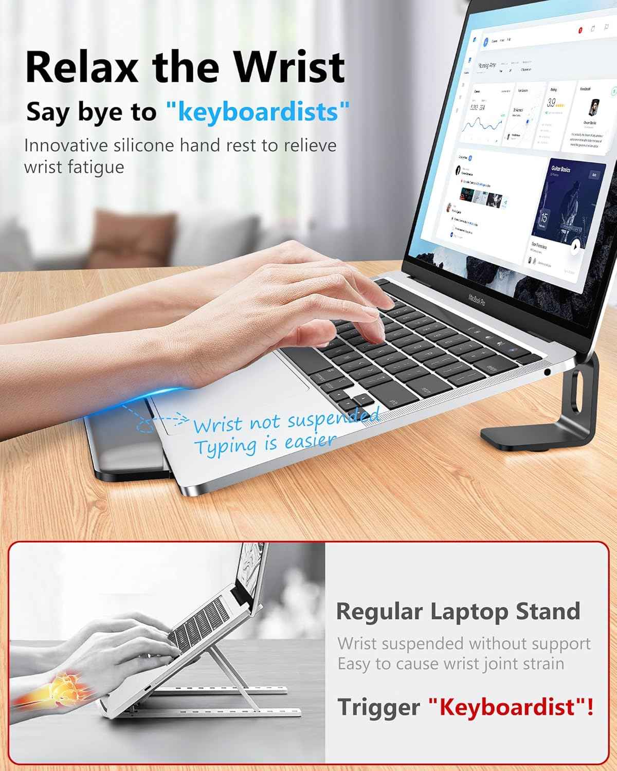 NTMY Laptop Stand for Desk with Wrist Support, Aluminum Computer Stand for Laptop,Ventilated Ergonomic Holder Mount Riser for MacBook Air/HP/Dell/Acer/Lenovo 10-17.3'' (Black)