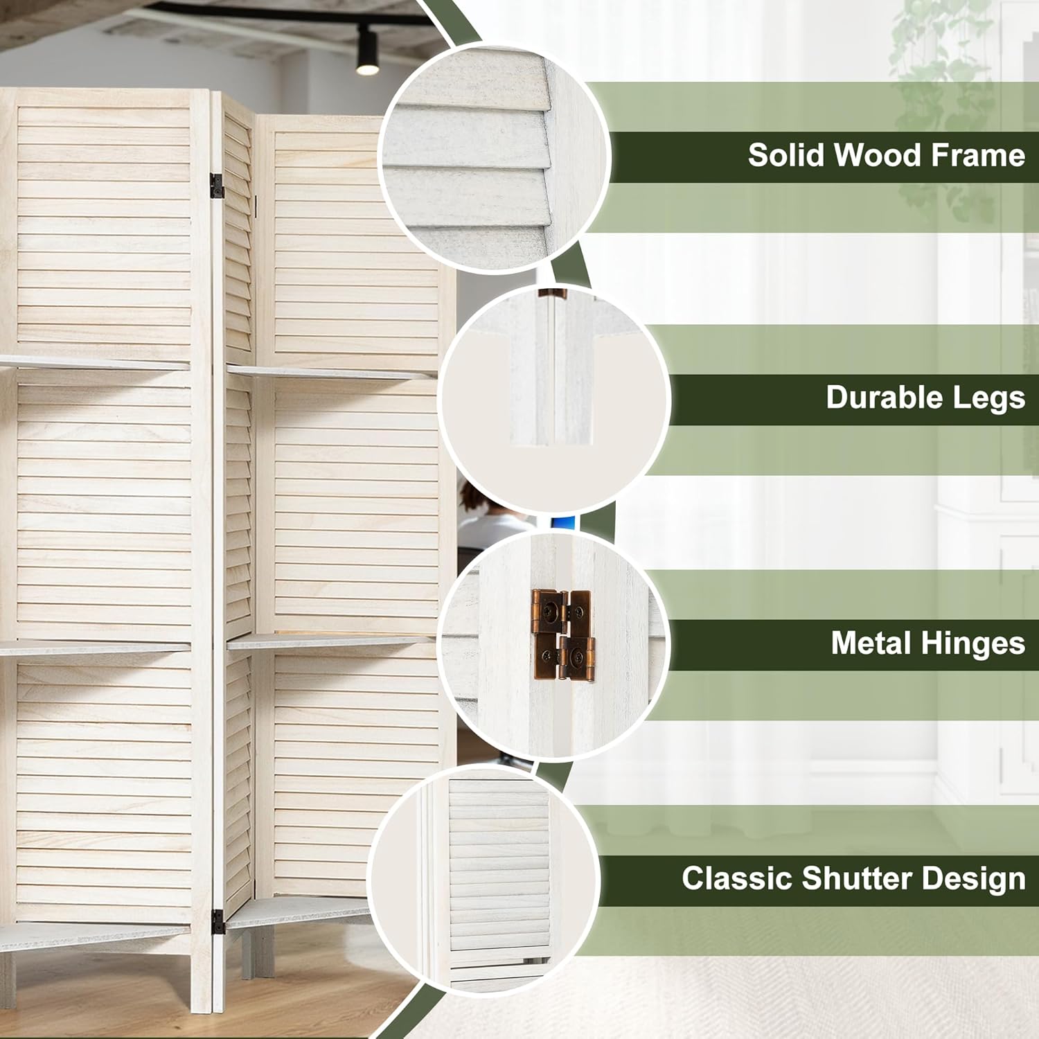 NicBex 4 Panel Room Divider,5.6FT Wood Carved Room Dividers with Display Shelves Folding Privacy Screens Portable Freestanding Partition Wall Dividers for Room Separation,Home Bedroom Office,White - Lumora Desk