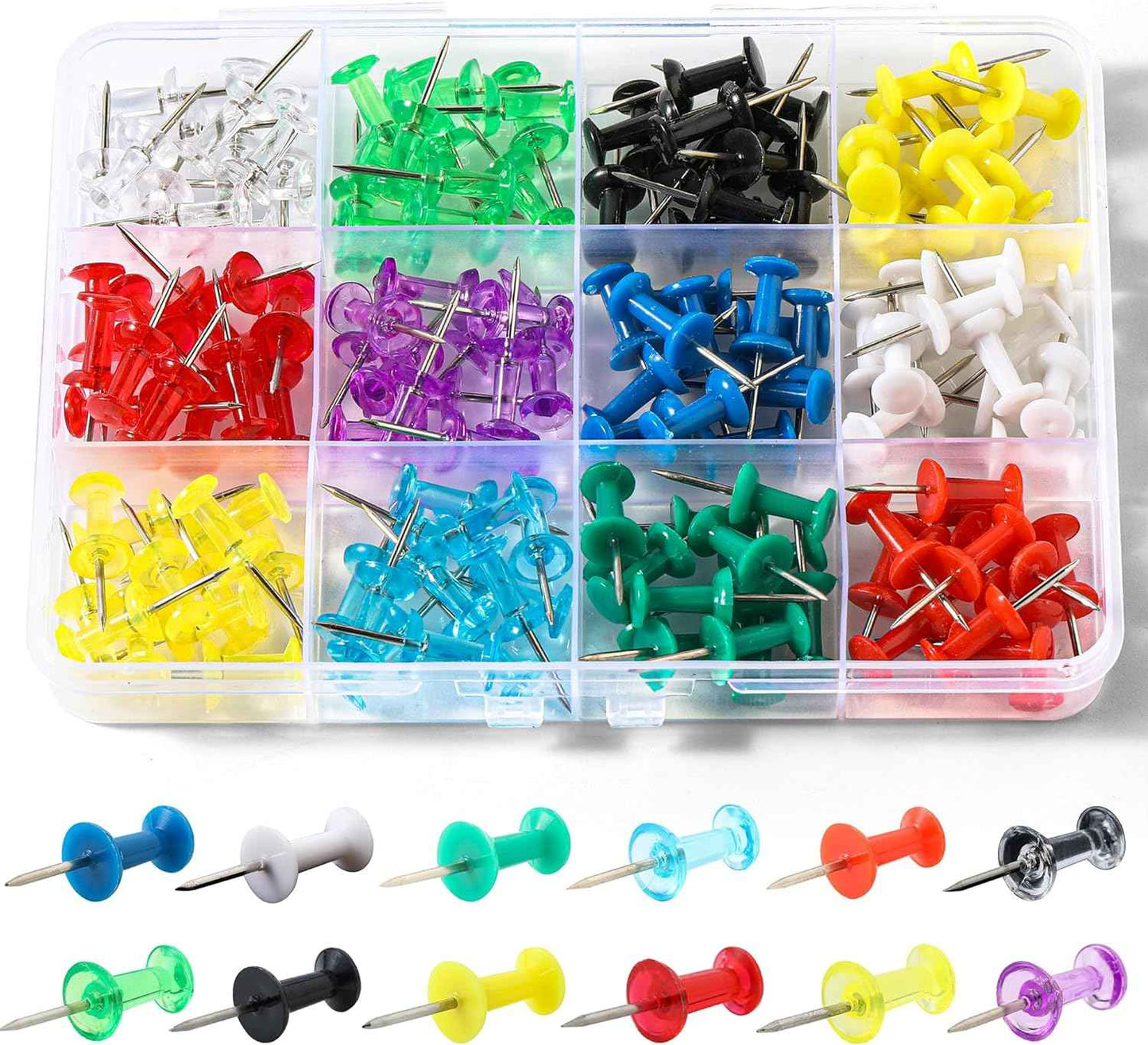 Hudinsun 12 Colors 150 Pcs Push Pins, Standard Thumb Tacks Steel Point and Plastic Head, Push Pins for Bulletin Board, Cork Board and Wall