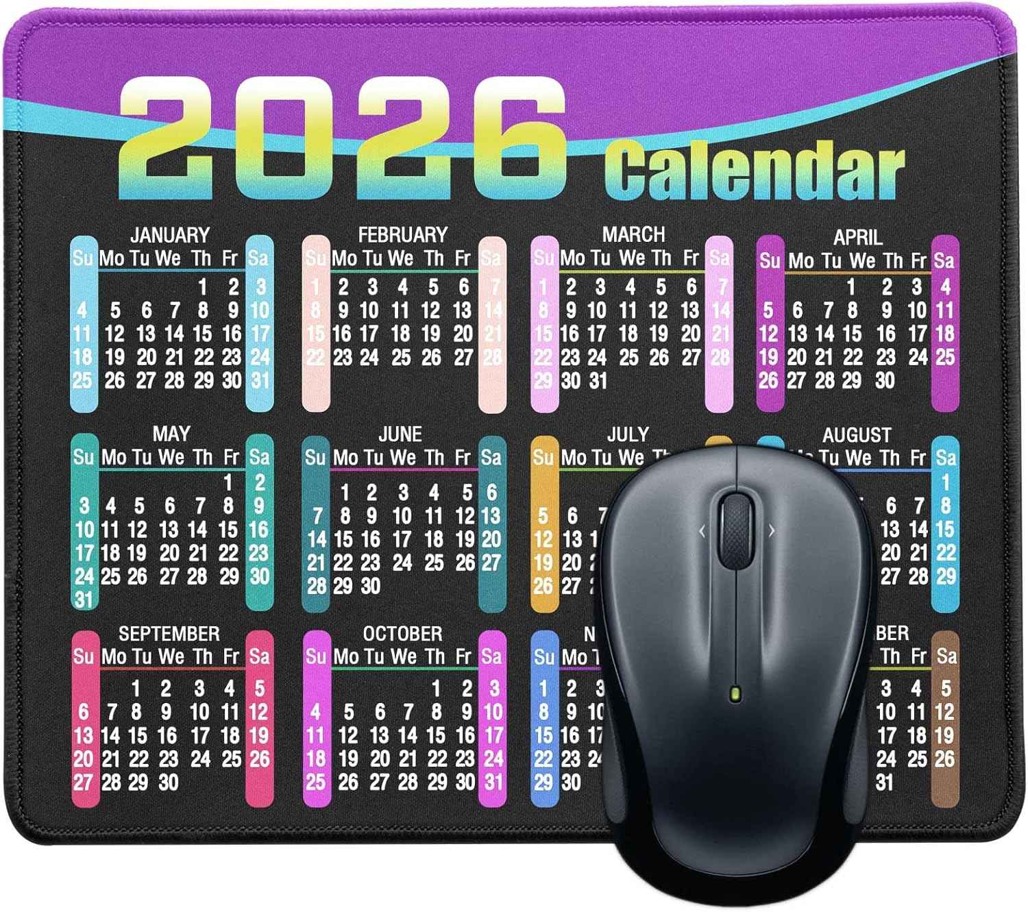 Mouse Pad with Non-Slip Rubber Base, Waterproof Computer Mousepad with Stitched Edges, Mouse Pads for Computers, Laptop, Gaming, Office & Home, 9.5 x 7.8 in (2026 Calendar Black)