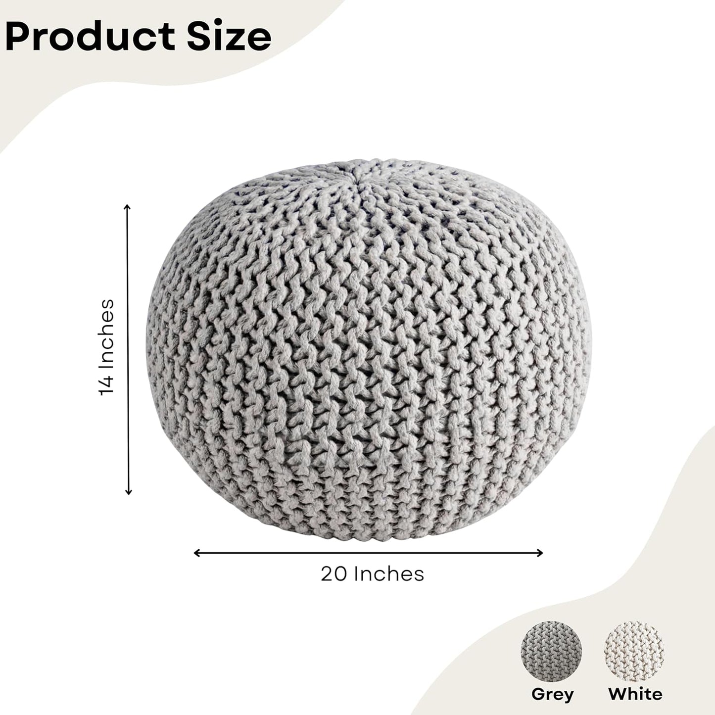 Palisa Grey Pouf Ottoman 20x20x14 Inches | Knitted Round Pouffe for Extra Sitting | Multipurpose Accent Seating for Living Room and Bedroom