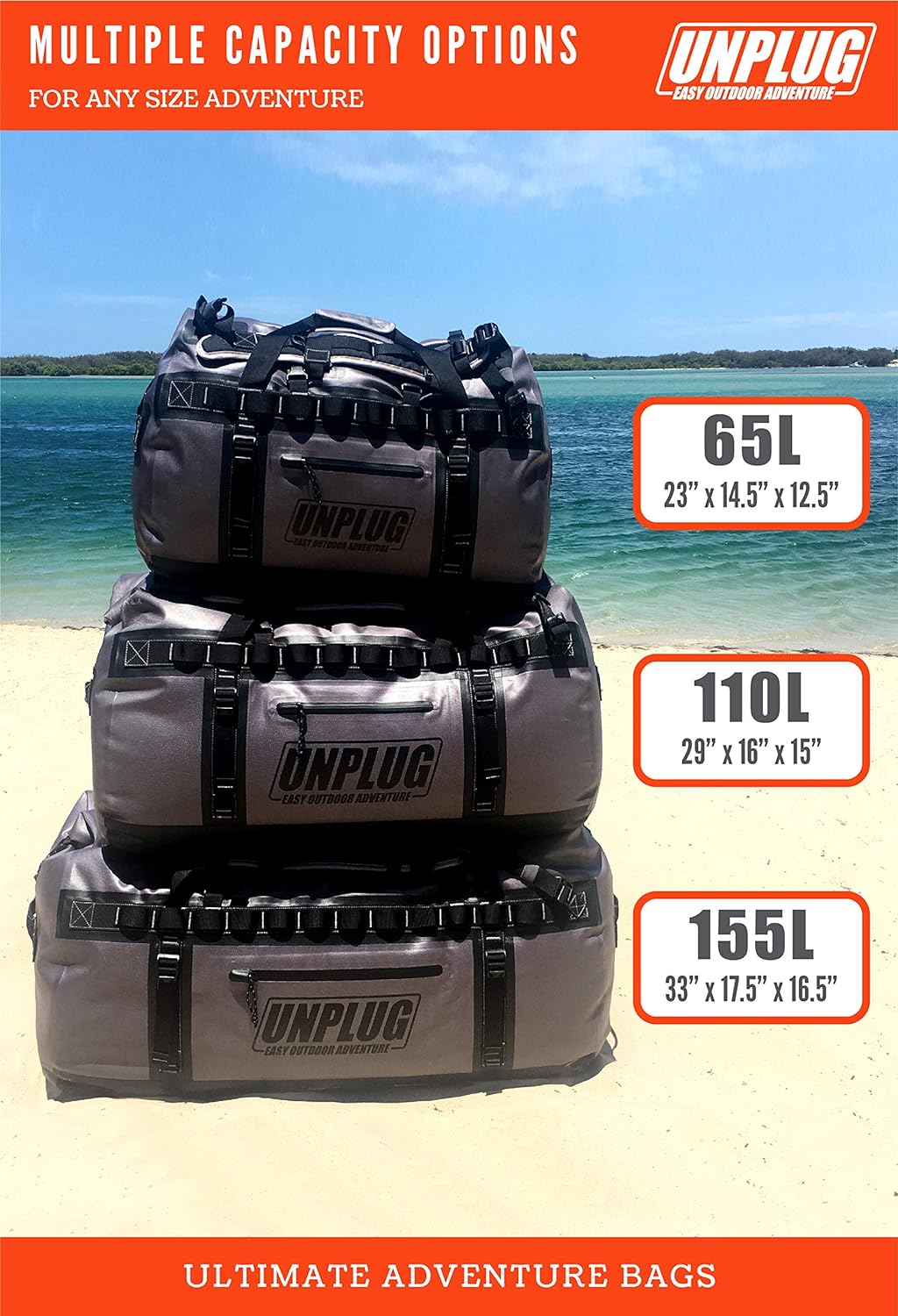 UNPLUG Ultimate Adventure Bag | 1680D Heavy Duty Waterproof Bag | Large Travel Duffle Bag which can be Used for Camping, Motorcycling, Boating, or Hunting