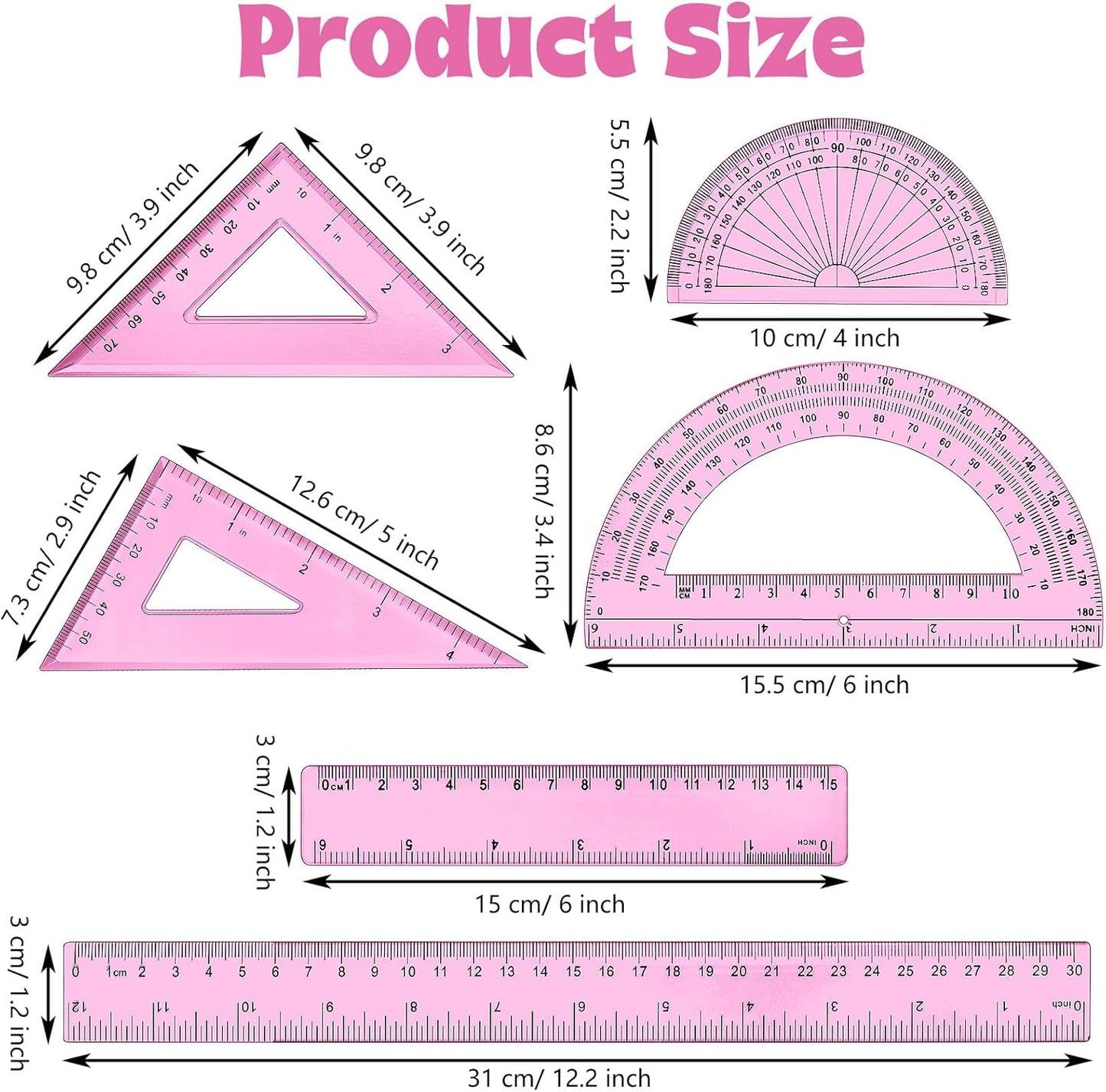 Tenare 1 Set Plastic Clear Math Set Includes Protractor Triangle Rulers 12 Inch 6 Inch Straight Geometry Math Transparent Ruler Measuring Tool for School Office Home Supplies(Pink)
