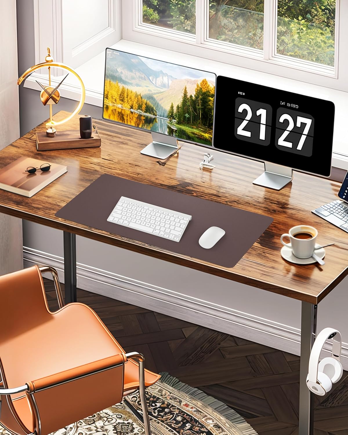 Large Desk Pad Mat - Waterproof Mouse Pad & Desk Protector, Non-Slip XL PU Leather Gaming Mat for Keyboard/Mouse, Stitched Edge with Ergonomic Support, 47"x17" (Coffee)