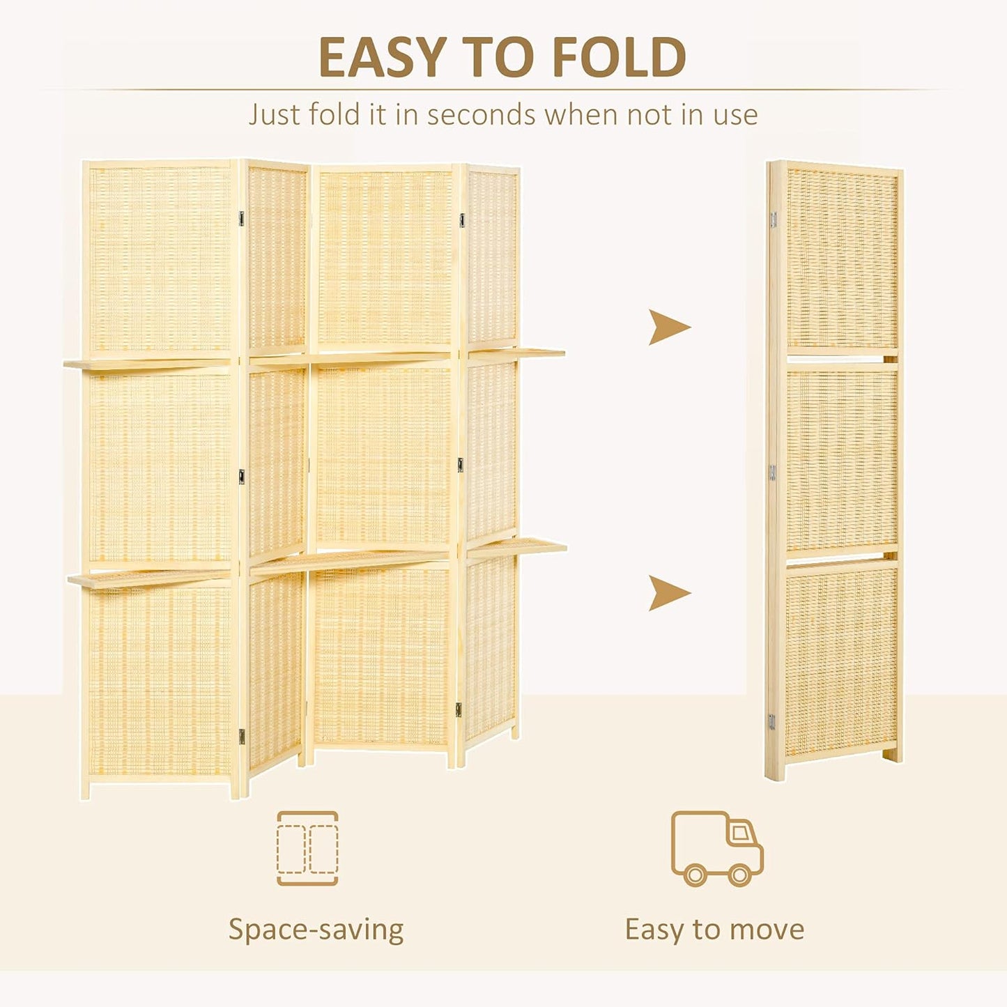 NicBex Room Divider 4 Panel Room Dividers with Storage Shelves Partition Room Dividers and Folding Privacy Screens 6 FT Wall Divider for Office, Room Separation,70.75" W x 0.75" D x 70.75" H, Natural - Lumora Desk