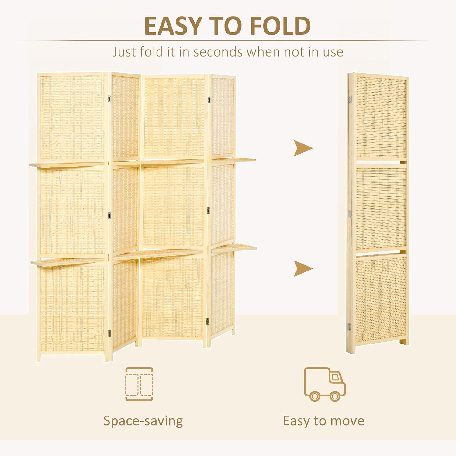 NicBex Room Divider 4 Panel Room Dividers with Storage Shelves Partition Room Dividers and Folding Privacy Screens 6 FT Wall Divider for Office, Room Separation,70.75" W x 0.75" D x 70.75" H, Natural - Lumora Desk