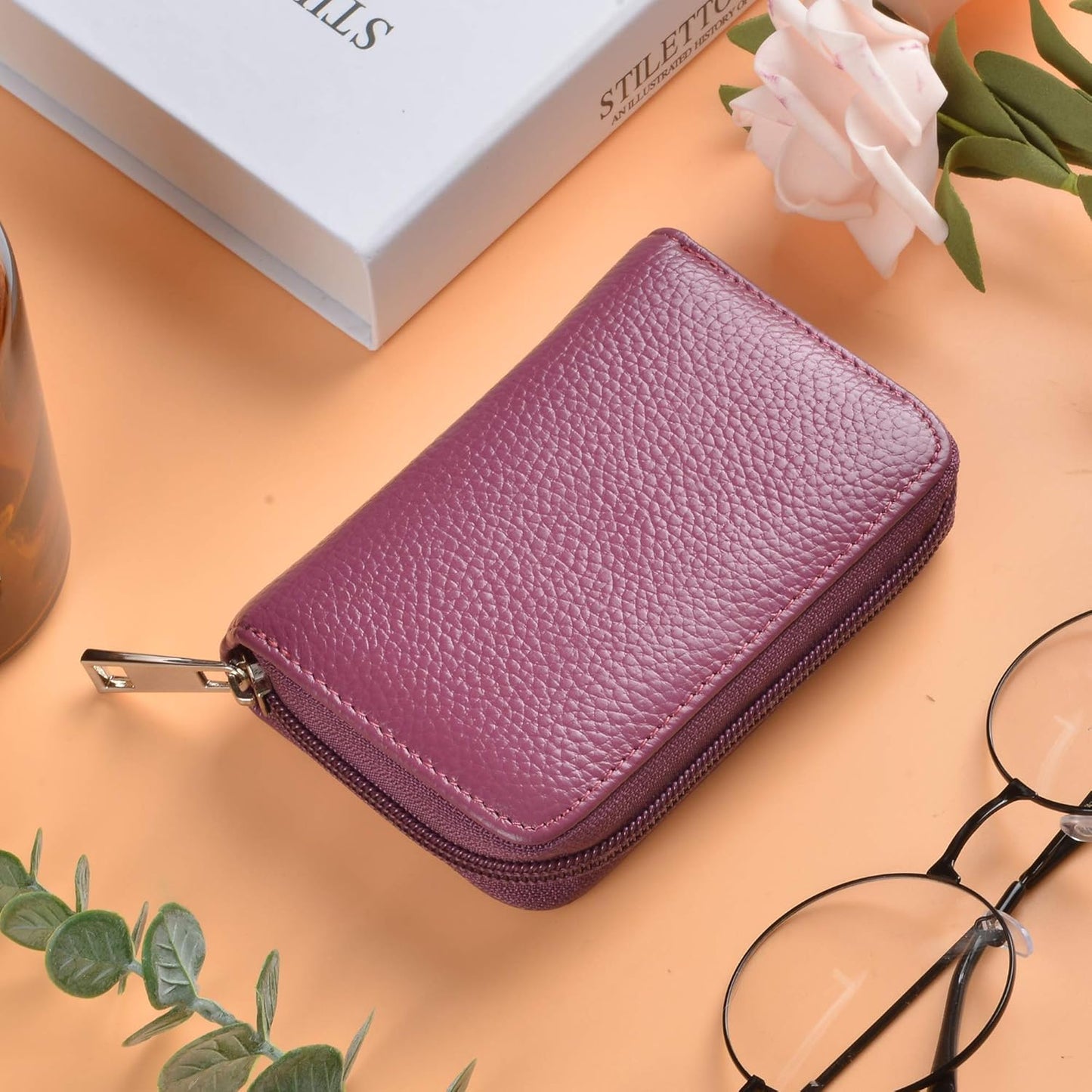 Easyoulife Genuine Leather Credit Card Holder Zipper Wallet With 26 Card Slots