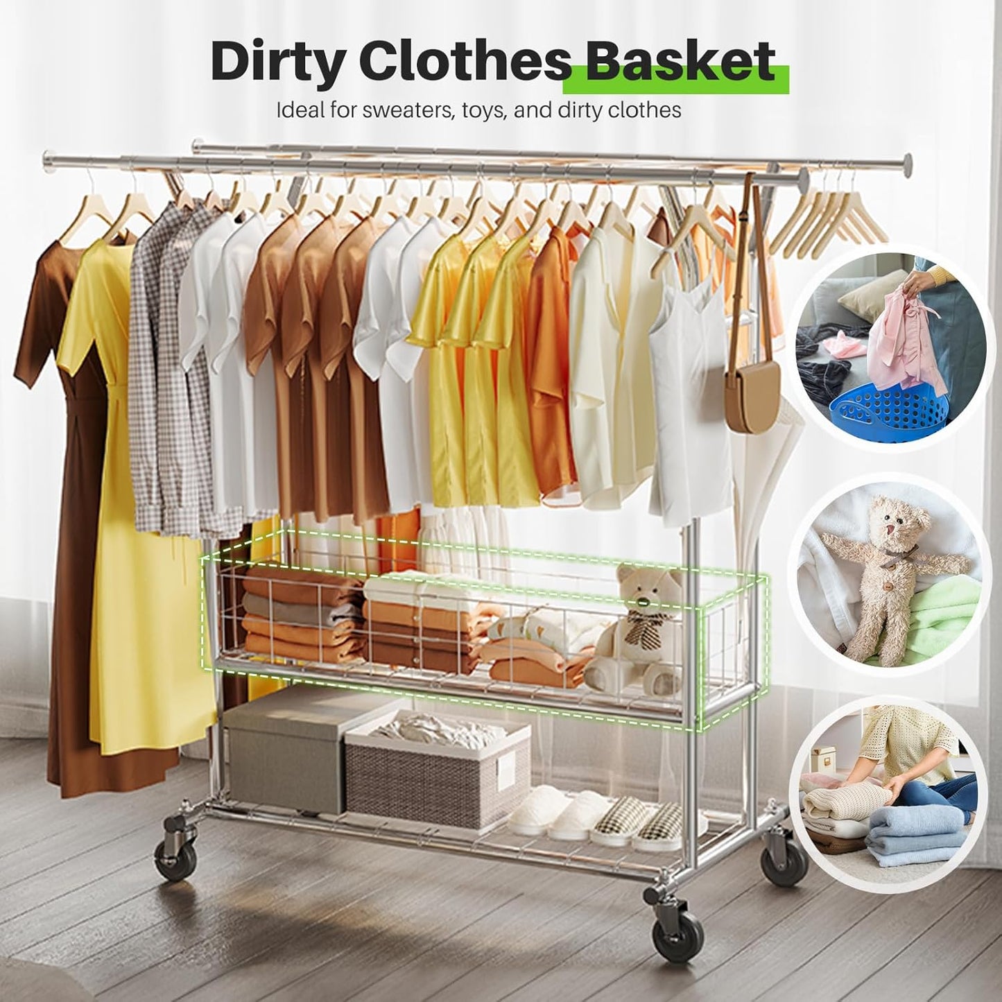 HOKEEPER Heavy Duty Clothes Rack Load 635 LBS, Clothing Rack for Hanging Clothes Adjustable Rolling Garment Rack with Wheels for Bedroom, Living Room (Double Rod with Metal Basket)