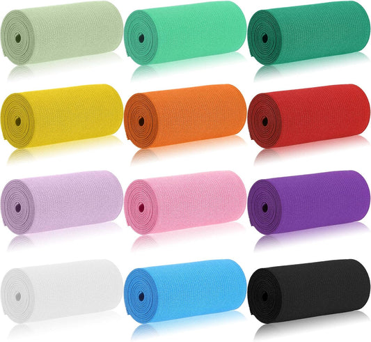 WILLBOND 12 Rolls Colorful Elastic Band Folding Elastic Cord Heavy Duty Stretch Band Knitted Flat Band for Sewing Crafts DIY Comforter Cuffs(3 Inch X 0.9 Yards,Bright Color)