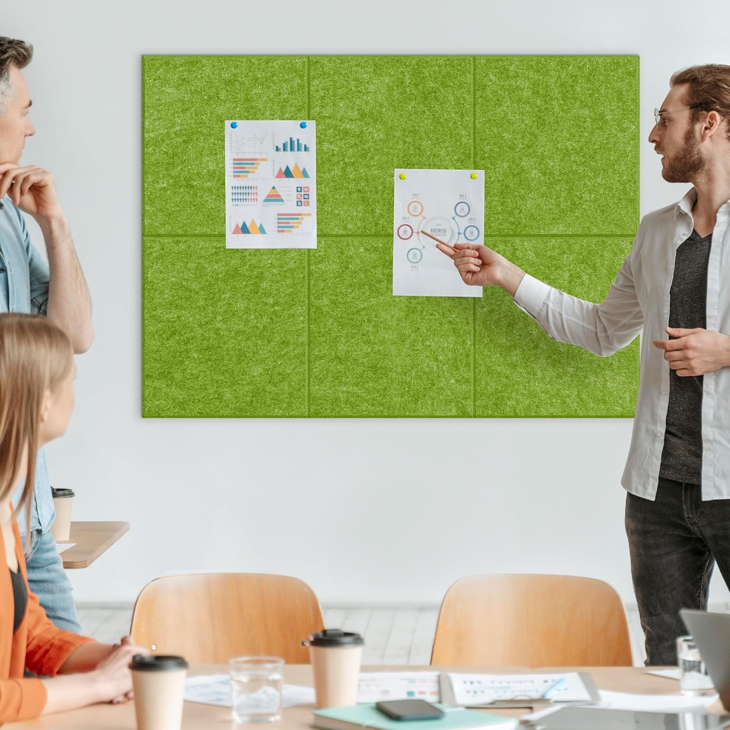 AKTOP Cork Board Bulletin Board 24"x36", 6 Pack Removable Felt Cork Board Tiles for Wall, Large Corkboard Notice Pin Board for Office, School & Home,24 Safe Adhesive Tabs, 20 Push Pins, Grass Green - Lumora Desk
