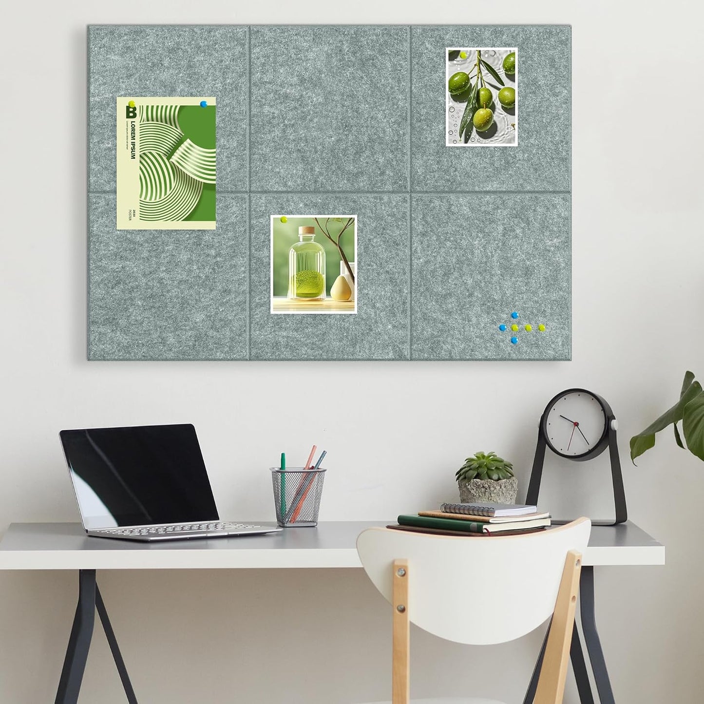 AKTOP Cork Board Bulletin Board 24"x36", 6 Pack Removable Felt Cork Board Tiles for Wall, Large Corkboard Notice Pin Board for Office, School & Home,24 Safe Adhesive Tabs, 20 Push Pins, Grey - Lumora Desk