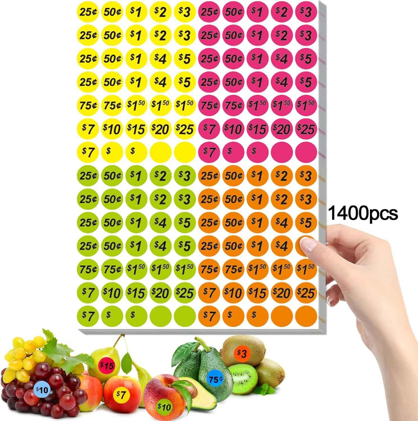 Garage Sale Price Stickers, 1400 PCS 3/4 Inch Price Stickers for Yard Sales, Flea Markets, County Fairs & Retail Use, Pricemarker Labels, 4 Colours Round Price Tags