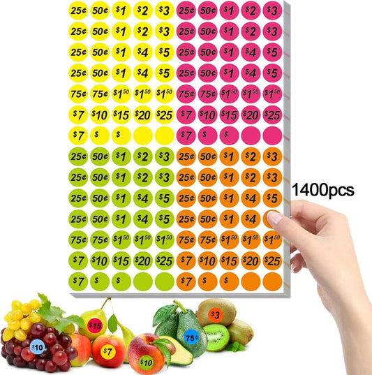 Garage Sale Price Stickers, 1400 PCS 3/4 Inch Price Stickers for Yard Sales, Flea Markets, County Fairs & Retail Use, Pricemarker Labels, 4 Colours Round Price Tags