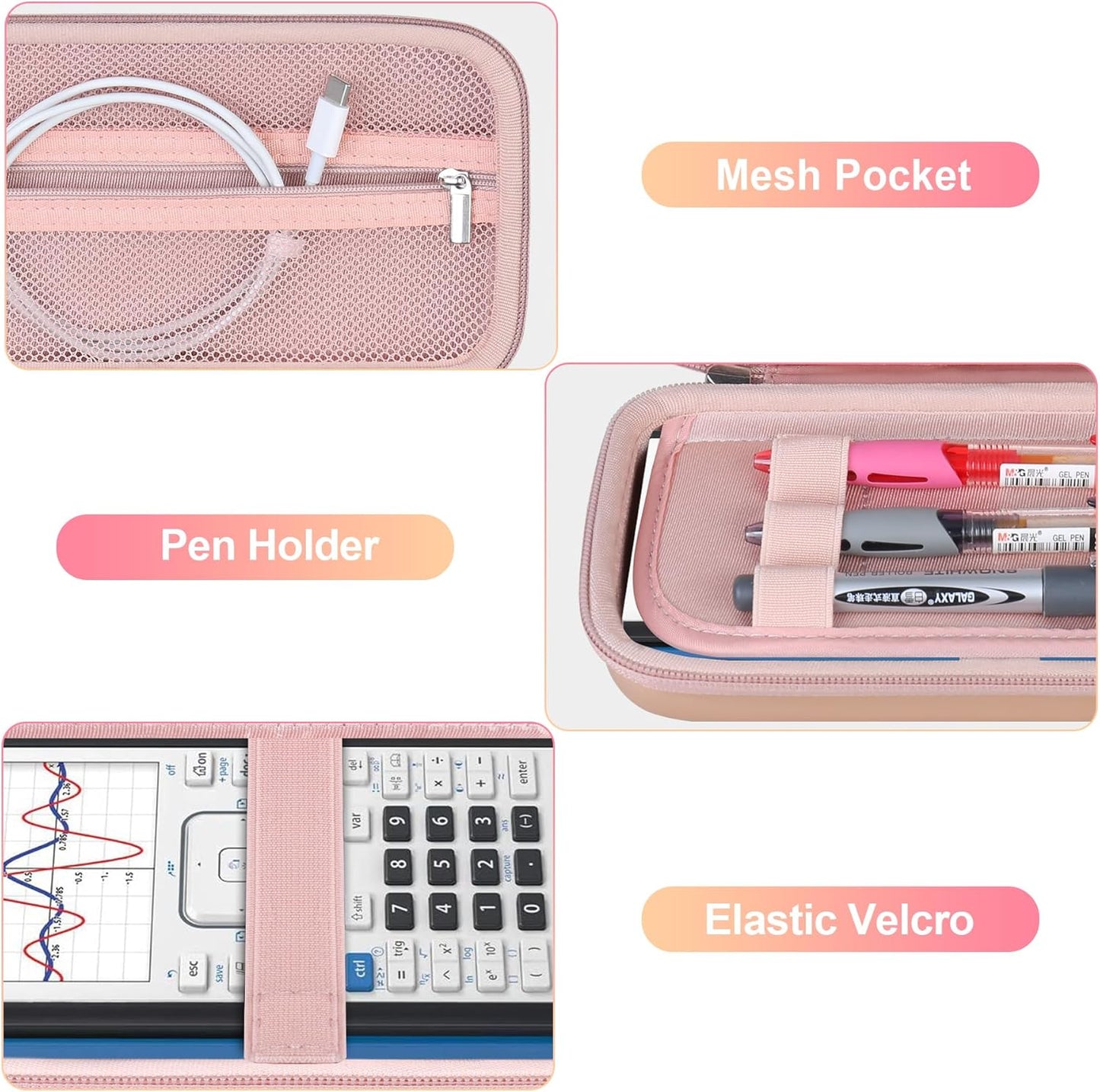 BOVKE Calculator Travel Case for Texas Instruments TI-Nspire CX II CAS/CX II/CX/CX CAS Graphing Calculators and More - Mesh Pocket for USB Charging Cables and Other School Supplies, Rose Gold