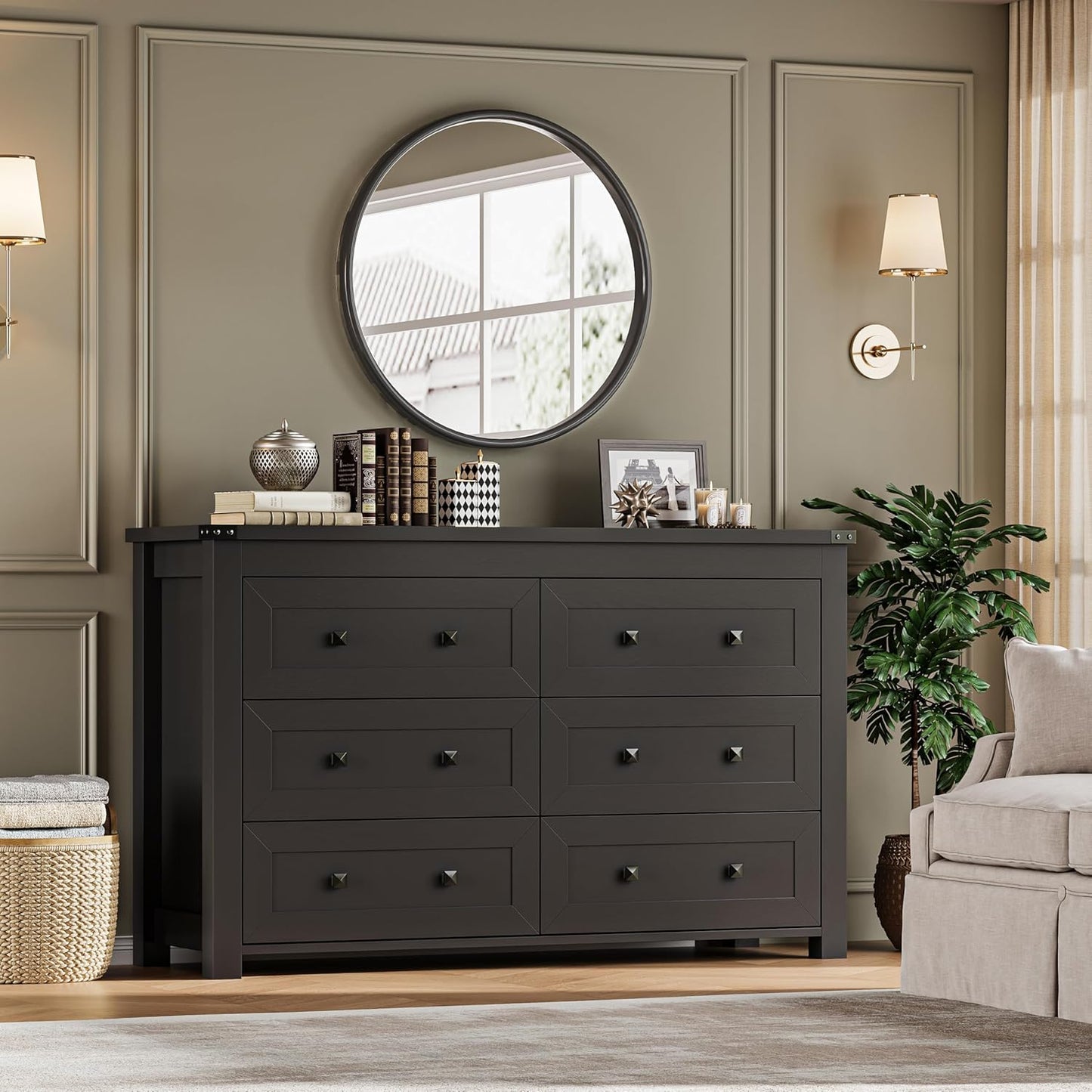 6-Drawer Dresser, Modern Wooden Storage Chest of Drawers, Dresser TV Stand, Wood Drawer Organizer with Metal Handles for Bedroom, Living Room, Hallway