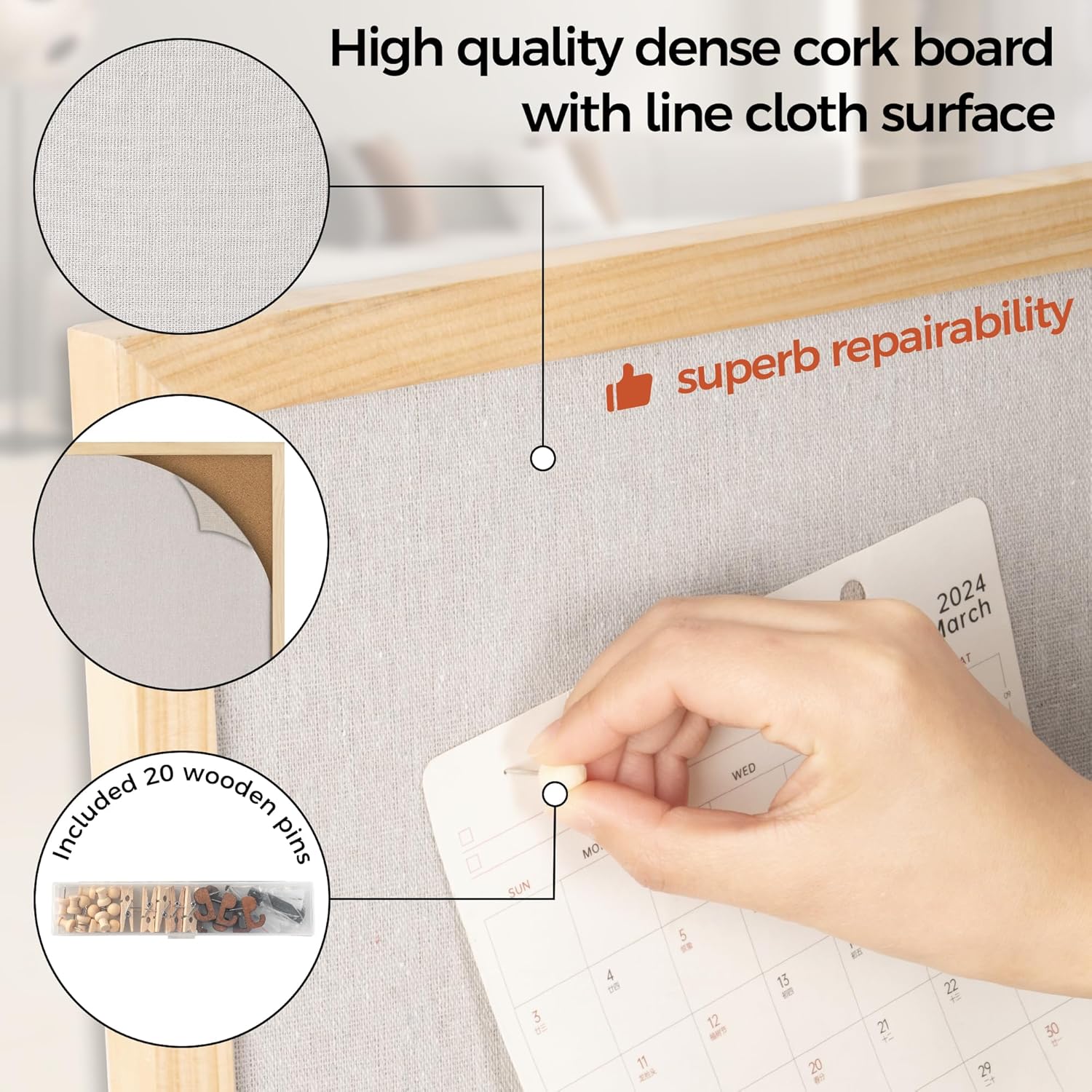 Fun Memories Cork Board Bulletin Board for Office, 20" x 30" Pine Wooden Framed Corkboard, Wall Mounted Notice Pin Board for School Home & Office, Natural Wood - Lumora Desk