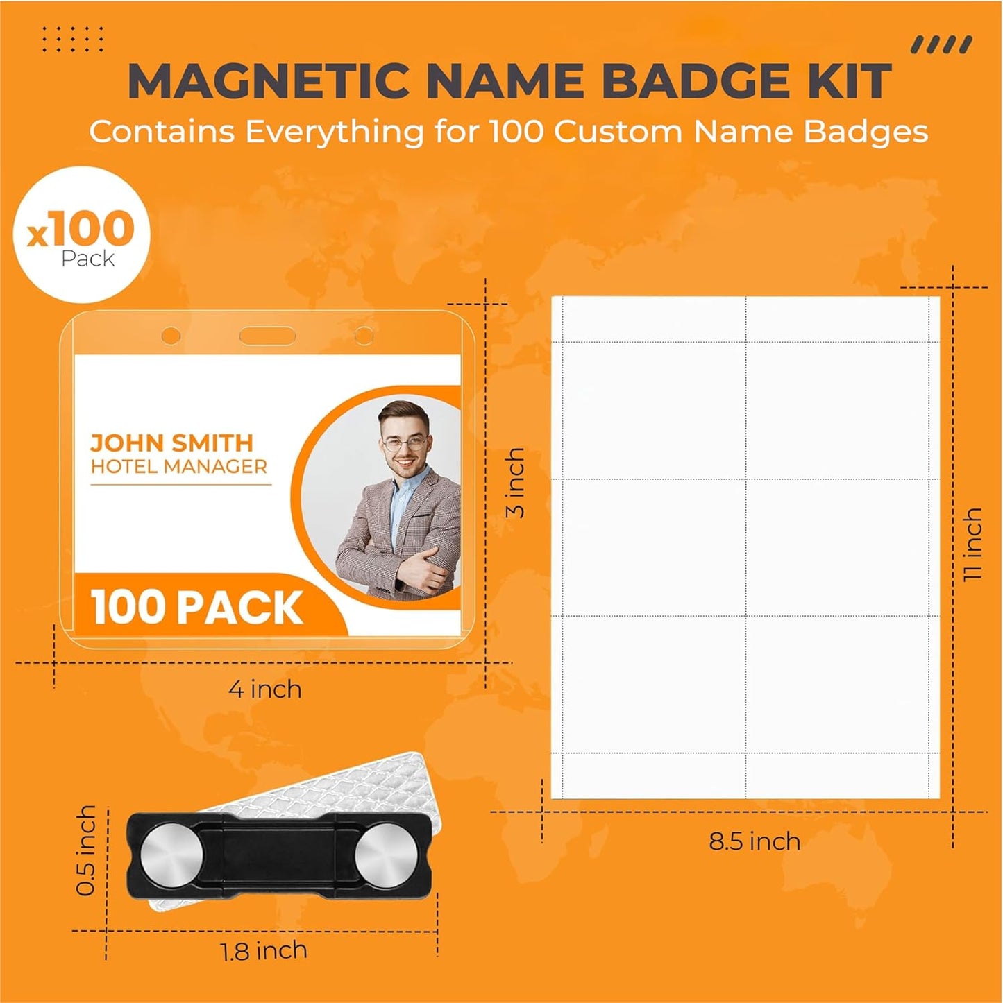 100 Pack of 4x3 Magnetic Name Badge Holders (White Printable Inserts Included) Customizable Magnetic Name Tags for Office, Conventions, School, and Events - Durable and Clear Plastic Name Tag Holder