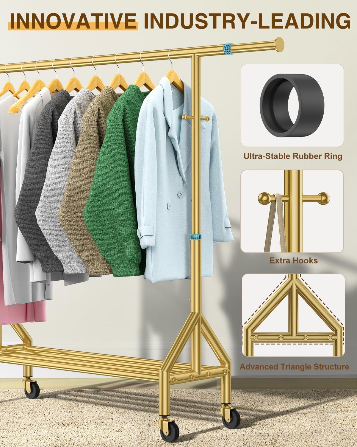 Upgraded 100% Stainless Steel Clothing Rack Load 760LBS, Heavy Duty Clothes Racks with Larger & Sturdy Wheel, Extendable & Adjustable Rolling Garment with Shelves (1 Single Rod, Gold) - Lumora Desk