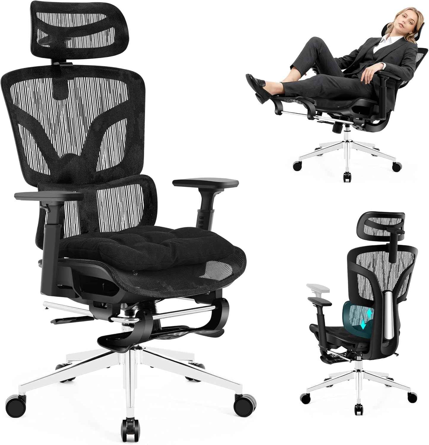 Ergonomic Office Chair with Footrest, Big and Tall Office Chair 4-Level Adjustable Lumbar Support - 155° Tilt Lock and Wide Cushion - 3D Headrest & Armrests, High Back Home Desk Chair(Black)