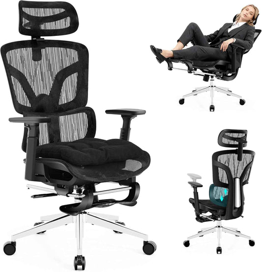 Ergonomic Office Chair with Footrest, Big and Tall Office Chair 4-Level Adjustable Lumbar Support - 155° Tilt Lock and Wide Cushion - 3D Headrest & Armrests, High Back Home Desk Chair(Black)