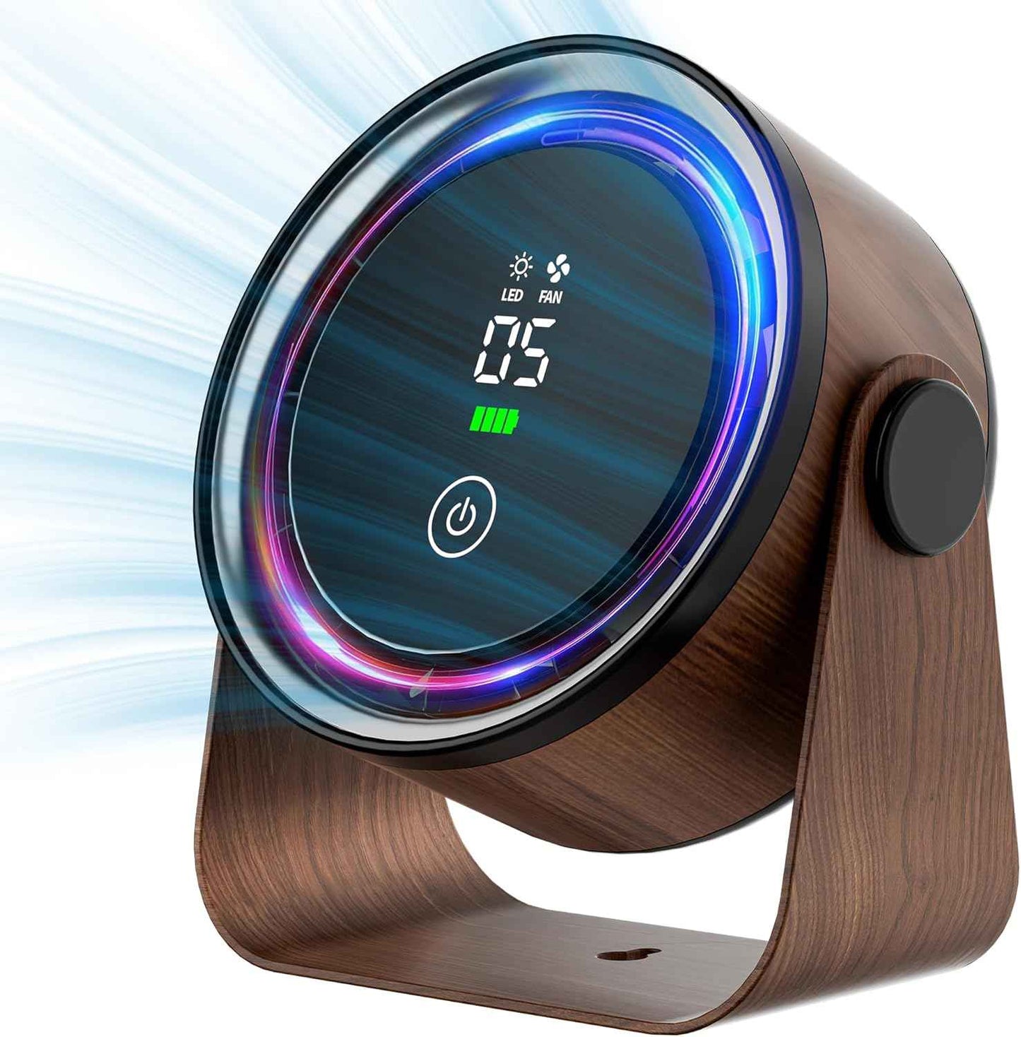 Small Desk Fan 5000mAh Rechargeable Battery Powered- Retro Low Noise Quiet Portable Gentle Blowing with LED Night Light Office Bedroom Table Top Wall Hanging Kitchen Camping Dorm 5-Speed 360° Rotation