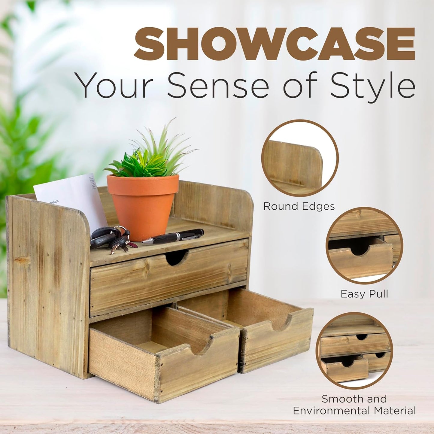 Besti Wooden Office Desk Organizer - Organizing Tool for Desktop, Cubicle, Bedroom, Kitchen - Vintage Style Organization Caddy with Top Tray Shelf & 3 Drawers - 13.6x9x7 Inches (Rustic Burnt)