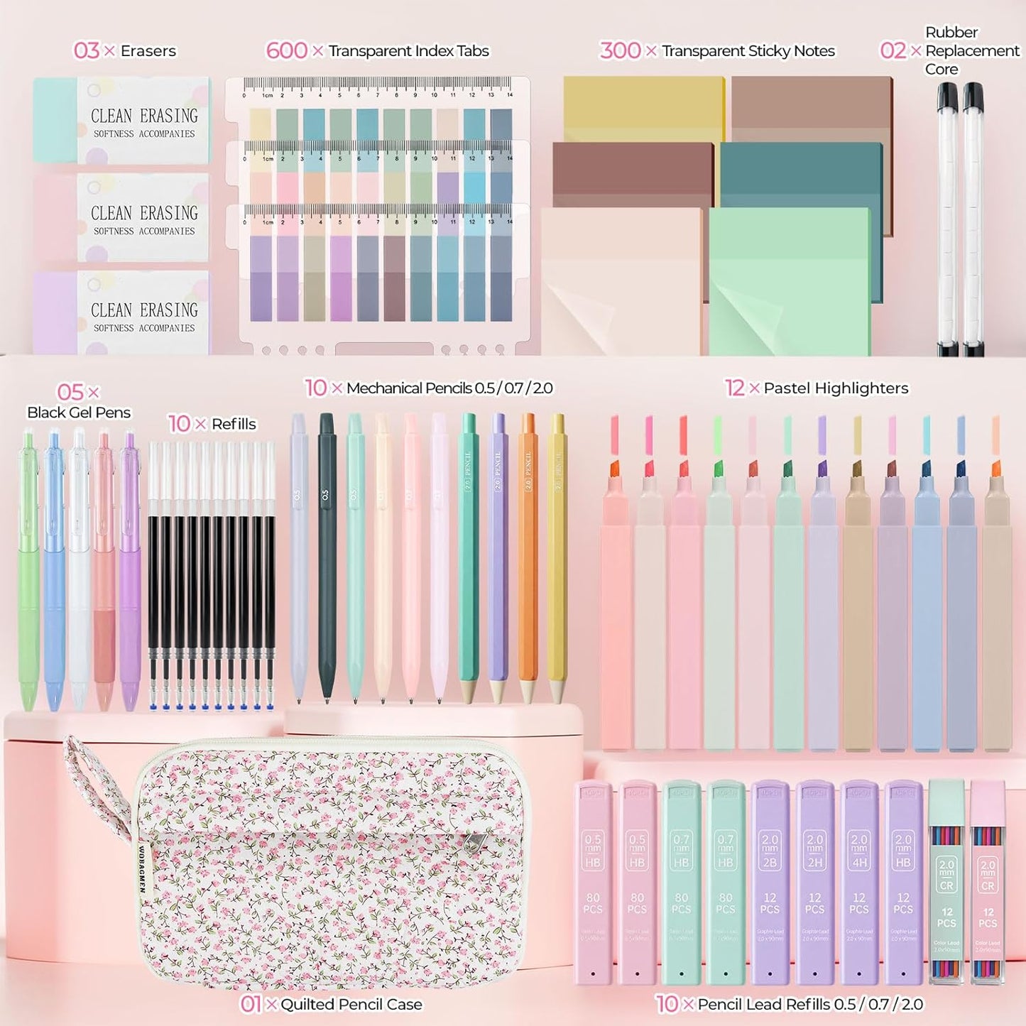 WOBAGMEN 62PCS Aesthetic School Supplies with Quilted Pencil Case, Pastel Highlighters, Gel Pens Mechanical Pencils Set, Cute Back to School Supplies, College Essentials(Pink Floral, M)
