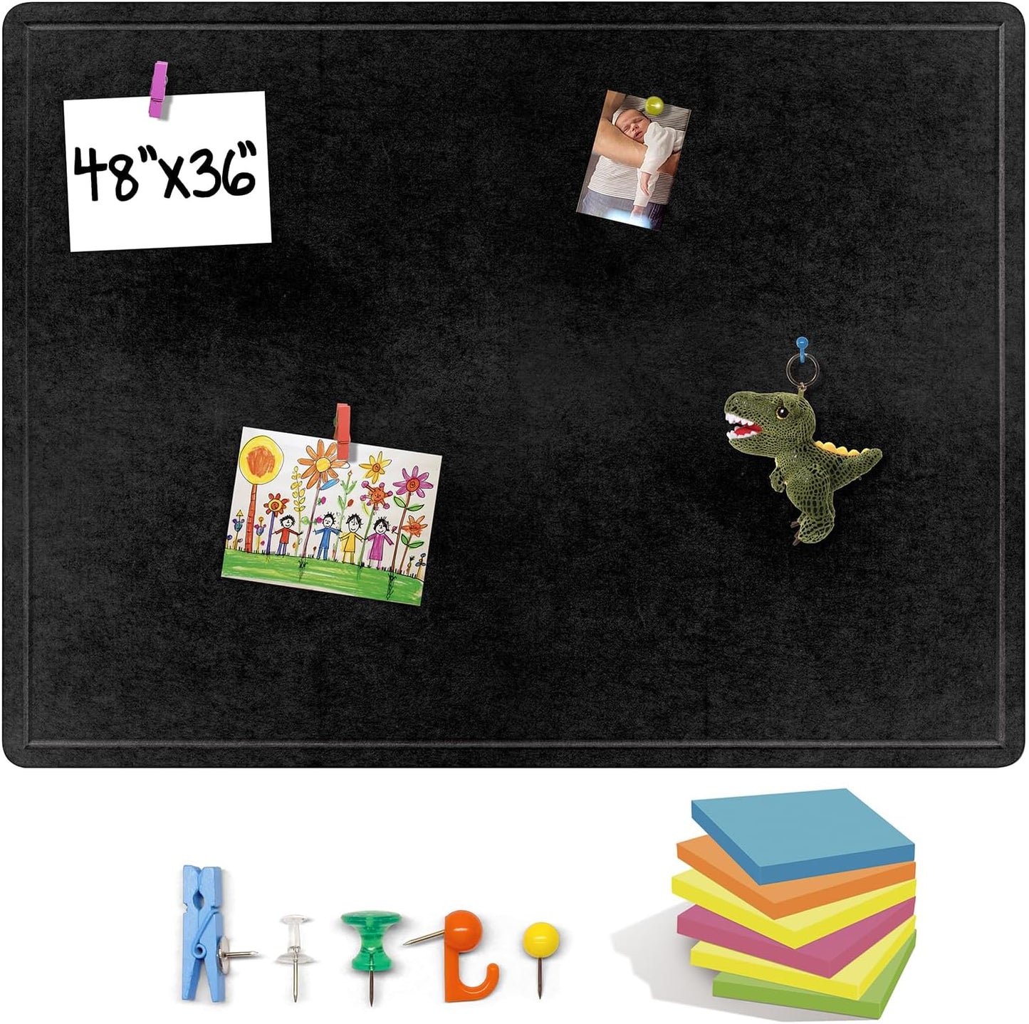 Large Bulletin Board 48 x 36 Inches - Foldable Felt Bulletin Board for Wall, Cork Board Alternative with 100 Color Pins & 6 Note Pads, Vision Board - Black