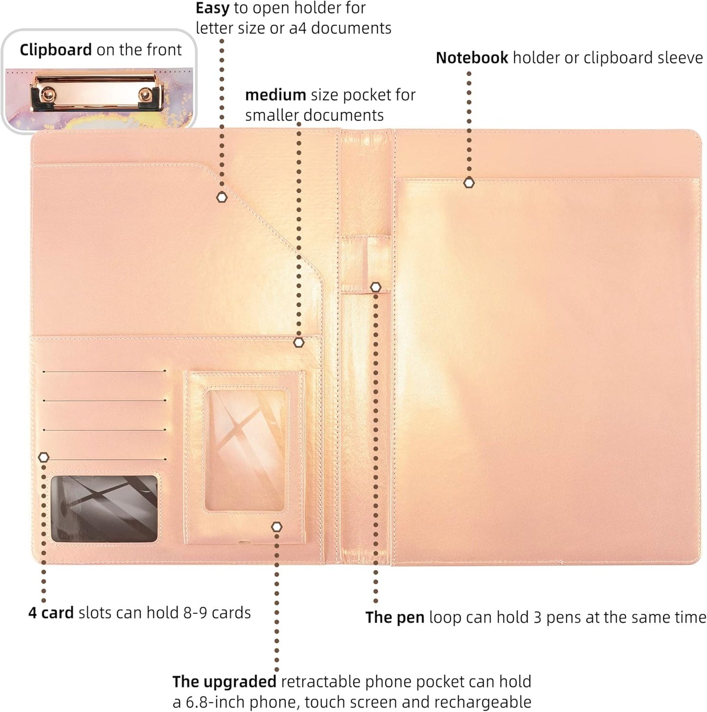 Leather Portfolio Binder Folder Storage Clipboard Pink Padfolio for School Side Straps Document Organizer