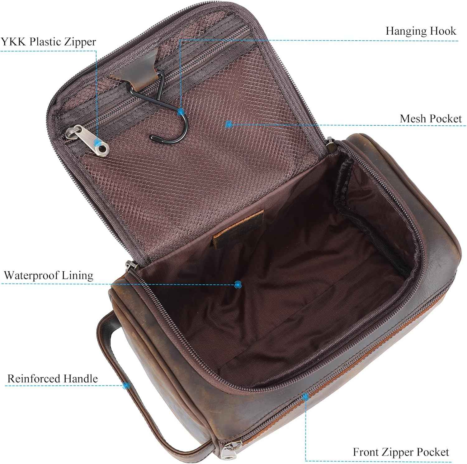 TIDING Mens Leather Hanging Toiletry Bag Travel Shaving Kit Portable Makeup Cosmetic Organizer Wash Case