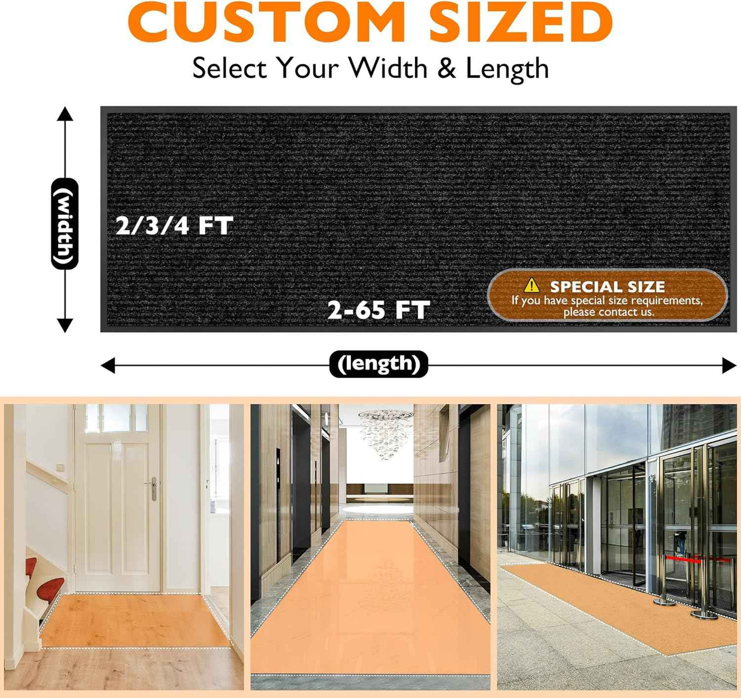 Custom Size Extra Large Front Door Mat, 3FT x 4FT Indoor Outdoor Entrance Commercial Floor Mat, Heavy Duty Dirt Trapper Doormat for Entryway Welcome Mat, Low Profile, Non-Slip, Waterproof