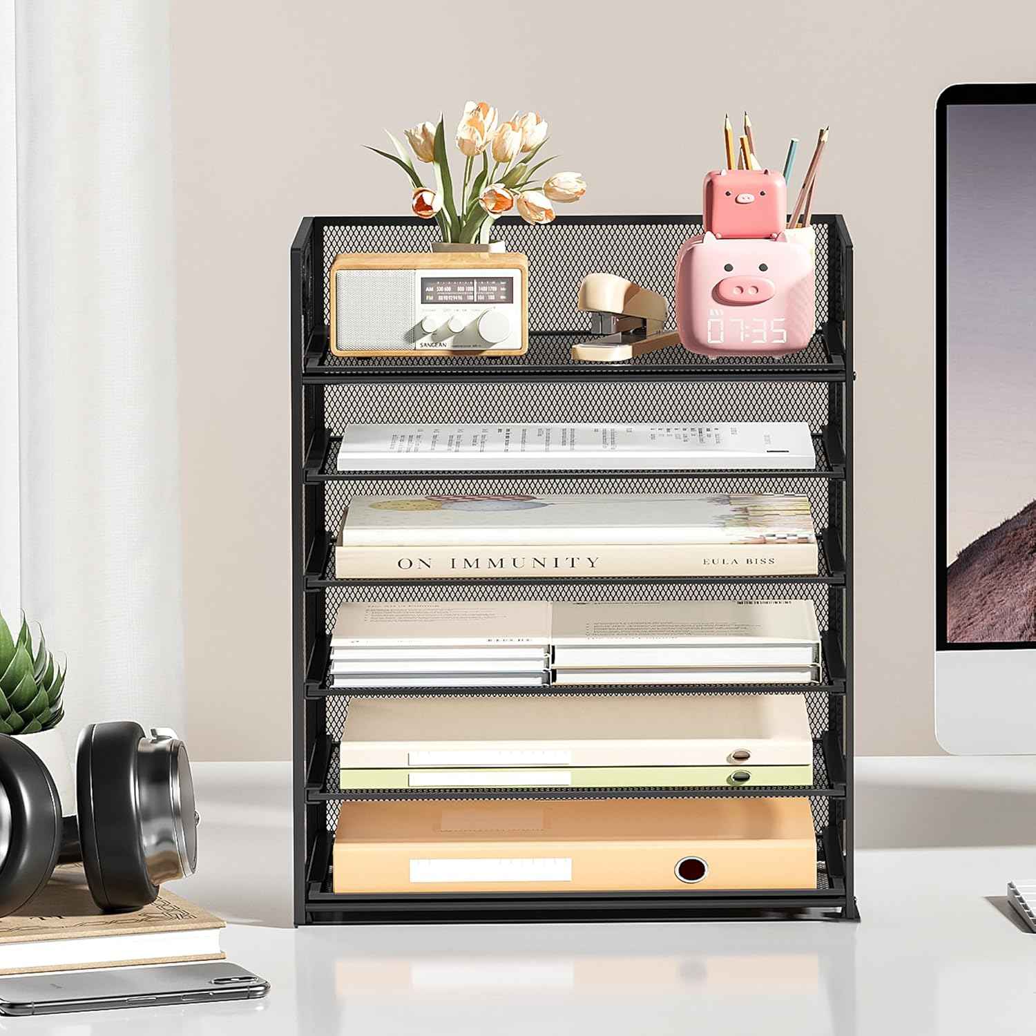 Subekyu 6 Tier Paper File Tray Organizer for Desk, Black Mesh Desk Letter Paper File Folder Accessories Sorter Organizer with Handle, Stackable Slide Tray for Office, Home or School Supplies Storage
