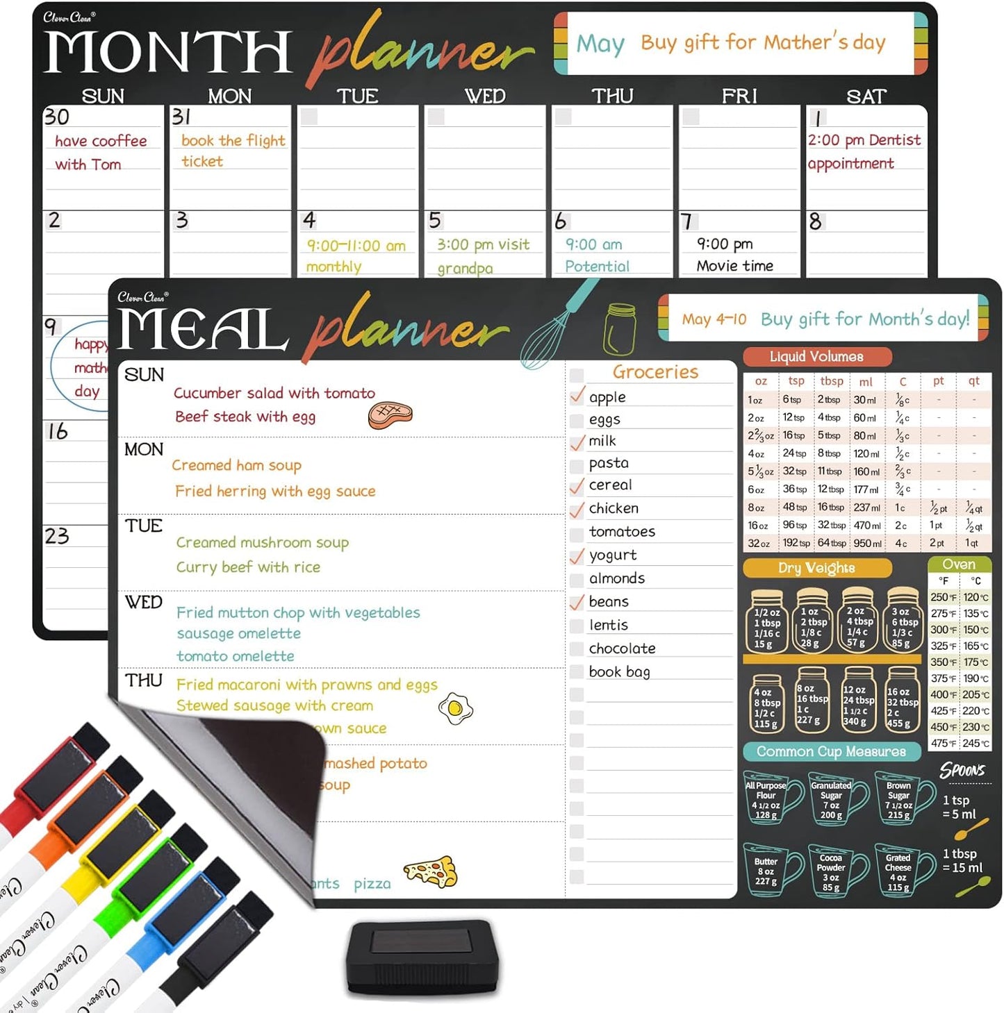Magnetic Dry Erase Monthly Calendar and Menu Board - 17"x12" Monthly Planner and Meal Planning Board for Fridge - 6 Extra Fine Point Markers Included - Shipped Flat