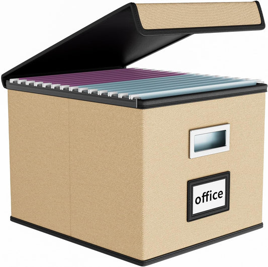 Huolewa File Organizer Box with Lid, Collapsible File Folder Organizer for Office Document Storage, Filing Box with Plastic Slide for Letter/Legal Size Hanging Files (Brown)