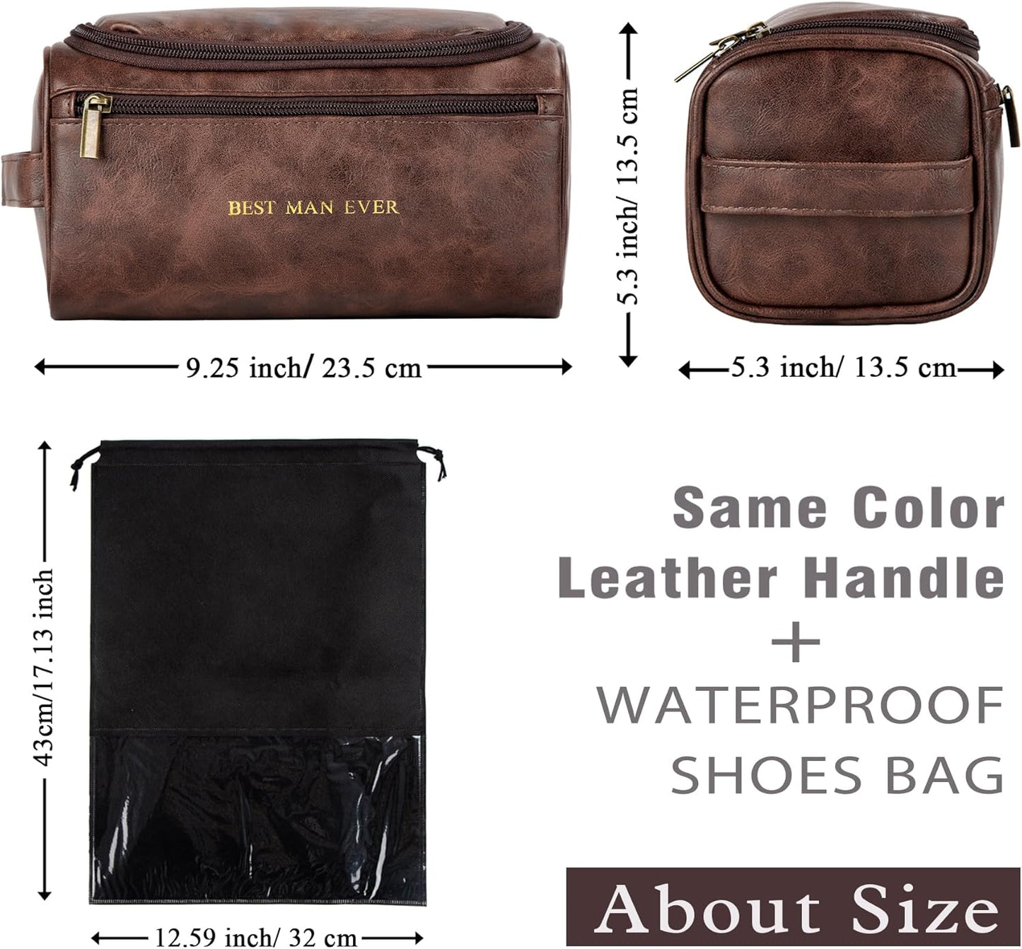 Mens Toiletry Travel Bag Groomsmen Father Dad Mens Leather Toiletries Grooming Bag for Men Shaving Bag Hanging Water Resistant Organizer (Brown)