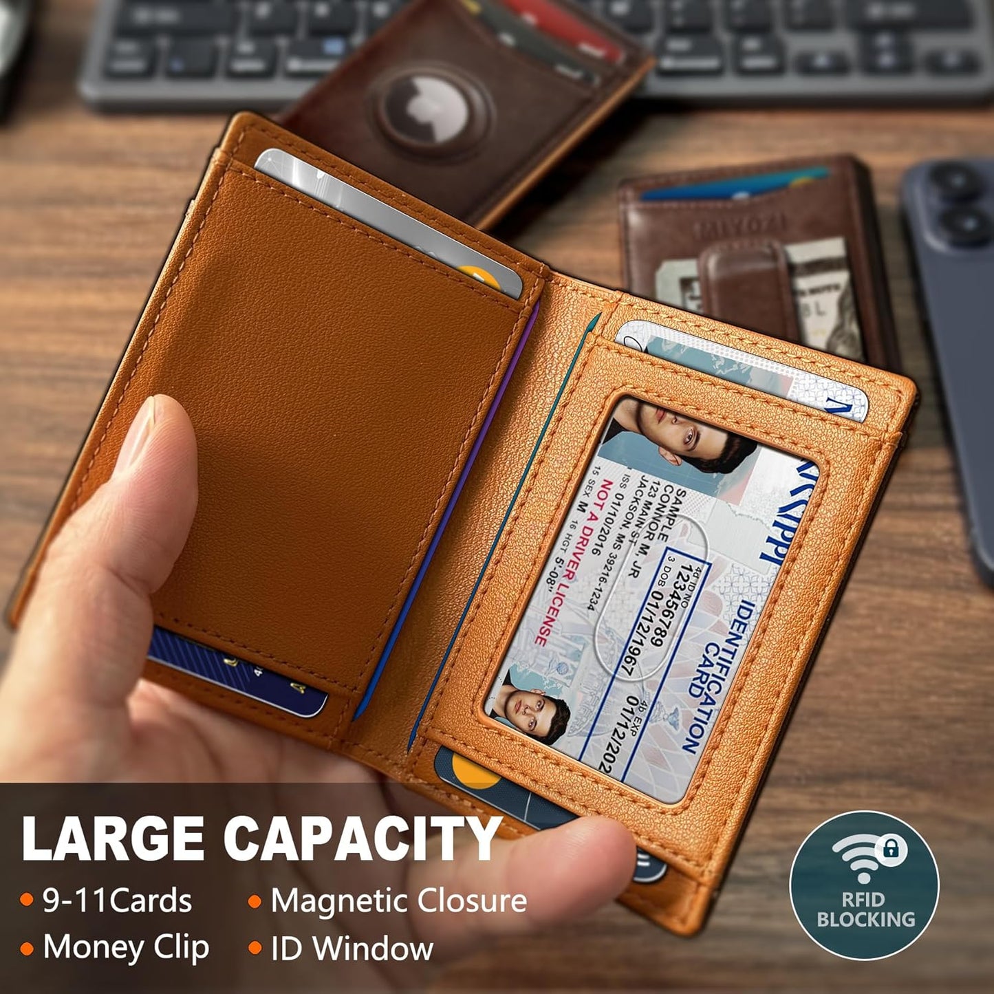 Airtag Wallet for Men- with Money Clip Gift Boxed, Magnetic Closure Slim Genuine Leather Front Pocket Wallet, 4.1"x 2.8", RFID Blocking