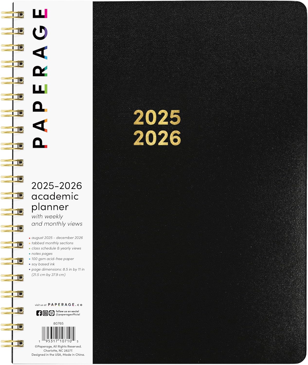 PAPERAGE 17 Month Academic Planner 2025-2026, Weekly & Monthly Spreads, August 2025 - December 2026, Large (8.5 in x 11 in), Black