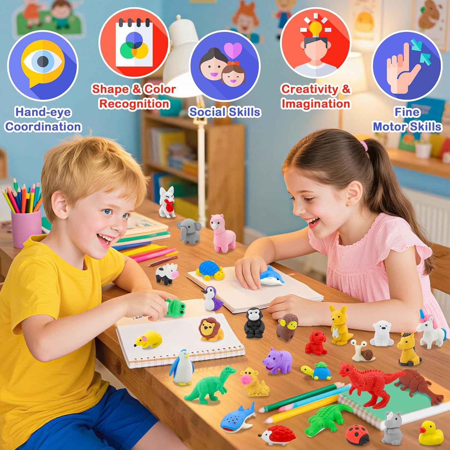 LanMa Animal Erasers for Kids 45 Pack Desk Pets Erasers for Kids Classroom Prizes,Easter Egg Fillers,Back to School Supplies,Party Favors Gifts