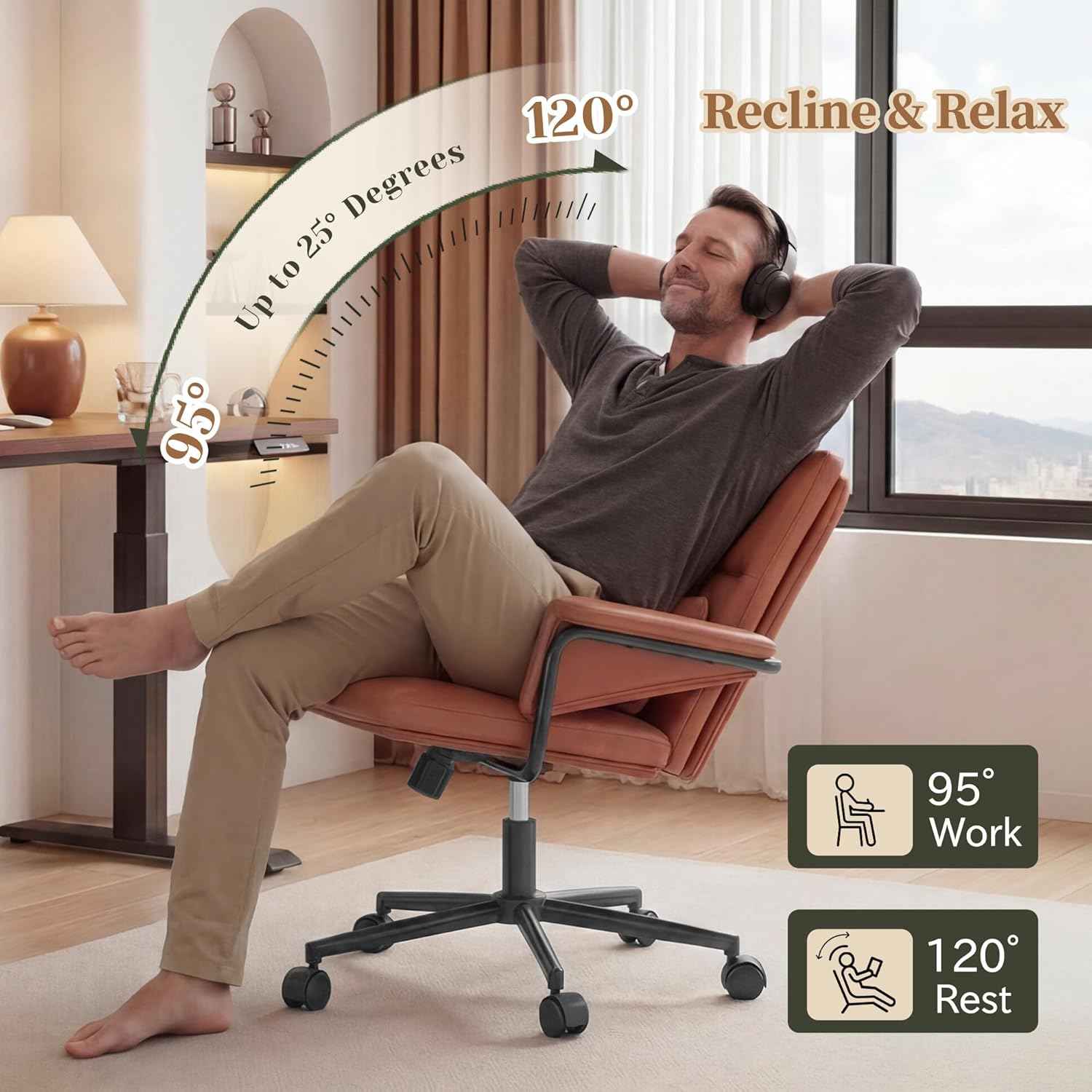 Leather Office Chair, Mid Back Ergonomic Desk Chair with Lumbar Support, Modern Computer Chair with Padded Armrest &Wheels, Height Adjustable Swivel Chair with Tilt Lock (Brown)