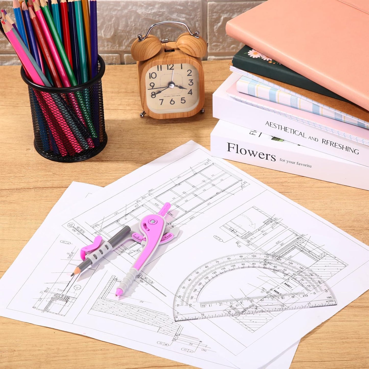 EBOOT Student Geometry Math Set, Drawing Compass and 6 Inch Clear Swing Arm Protractors 180 Degree Math Protractor (Lavender Purple)
